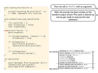 void launch_missiles(int n)
{
printf("Launching %d missilesn", n);
// TODO: implement this function
}
void authenticate_and_launch(void)
{
int n_missiles = 2;
bool allowaccess = false;
char response[8];
printf("Secret: ");
gets(response);
if (strcmp(response, "Joshua") == 0)
allowaccess = true;
if (allowaccess) {
puts("Access granted");
launch_missiles(n_missiles);
}
if (!allowaccess)
puts("Access denied");
}
int main(void)
{
puts("WarGames MissileLauncher v0.1");
authenticate_and_launch();
puts("Operation complete");
} return address, next intruction in _start
pointer to stack frame for _start
high address
low address
Then we call printf() with an argument.
return address, next intruction in _main
pointer to stack frame for _main
return address, authenticate_and_launch()
pointer to string "Secret: "
(whatever printf() needs to do)
After the prompt has been written to the
standard output stream.The stack is cleaned up
and we get ready to execute the next
statement.
allowaccess (1 byte)
n_missiles (4 bytes)
response (8 bytes)
 