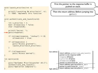 void launch_missiles(int n)
{
printf("Launching %d missilesn", n);
// TODO: implement this function
}
void authenticate_and_launch(void)
{
int n_missiles = 2;
bool allowaccess = false;
char response[8];
printf("Secret: ");
gets(response);
if (strcmp(response, "Joshua") == 0)
allowaccess = true;
if (allowaccess) {
puts("Access granted");
launch_missiles(n_missiles);
}
if (!allowaccess)
puts("Access denied");
}
int main(void)
{
puts("WarGames MissileLauncher v0.1");
authenticate_and_launch();
puts("Operation complete");
} return address, next intruction in _start
pointer to stack frame for _start
high address
low address
First the pointer to the response buffer is
pushed on stack.
return address, next intruction in _main
pointer to stack frame for _main
pointer to the response buffer
return address, authenticate_and_launch()
allowaccess (1 byte)
n_missiles (4 bytes)
response (8 bytes)
Then the return address. Before jumping into
gets()
 