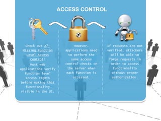 Check out A7- 
Missing Function 
Level Access 
Control! 
Most web 
applications verify 
function level 
access rights 
before making that 
functionality 
visible in the UI. 
However, 
applications need 
to perform the 
same access 
control checks on 
the server when 
each function is 
accessed. 
If requests are not 
verified, attackers 
will be able to 
forge requests in 
order to access 
functionality 
without proper 
authorization. 
ACCESS CONTROL 
 