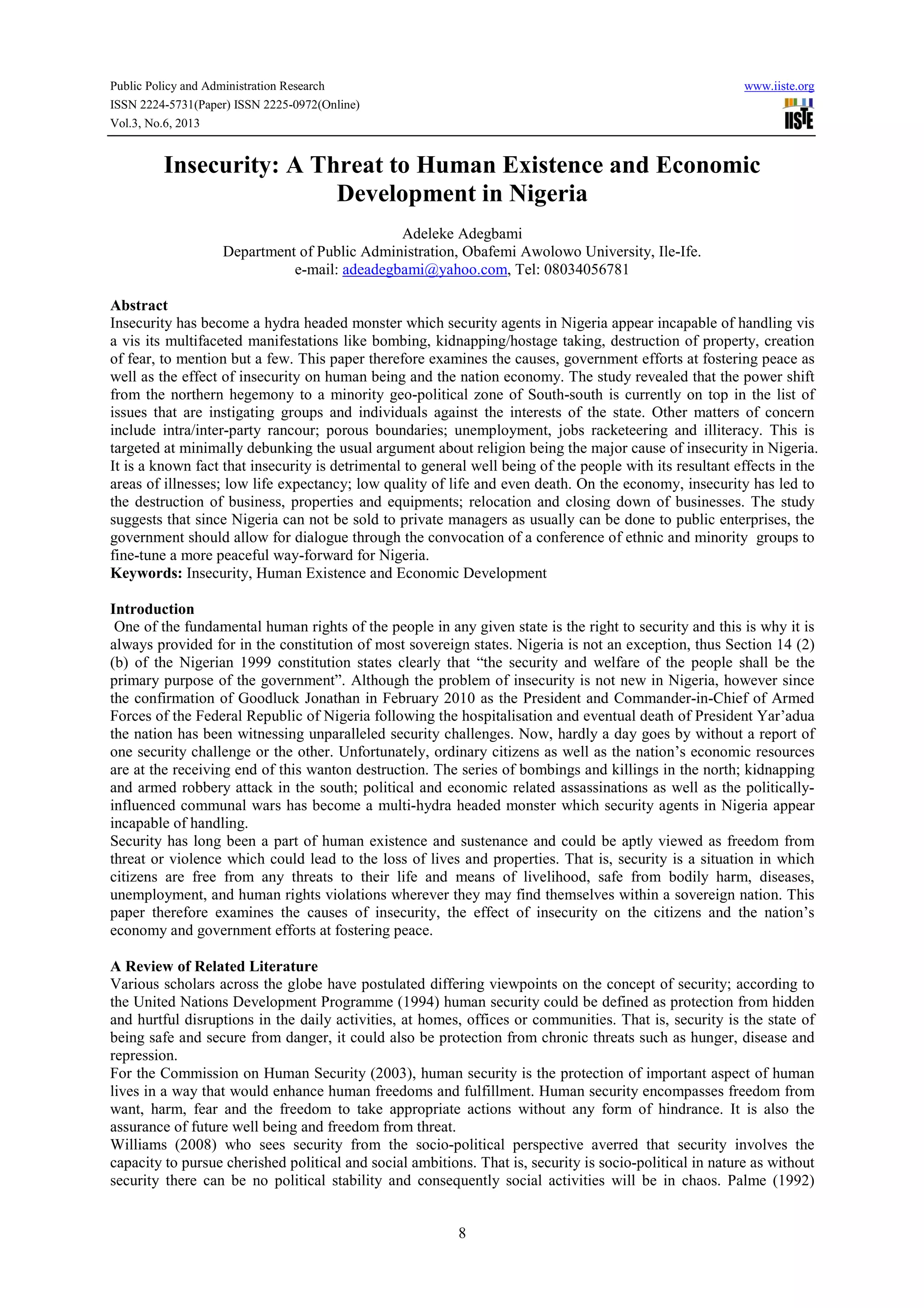 Insecurity a threat to human existence and economic development in ...