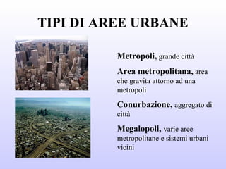 TIPI DI AREE URBANE
Metropoli, grande città
Area metropolitana, area
che gravita attorno ad una
metropoli
Conurbazione, aggregato di
città
Megalopoli, varie aree
metropolitane e sistemi urbani
vicini
 