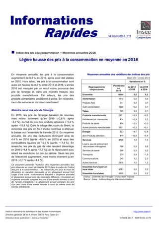 Institut national de la statistique et des études économiques http://www.insee.fr
Direction générale 18 bd A. Pinard 75675 Paris Cedex 14
Directeur de la publication : Jean-Luc Tavernier ©INSEE 2017 - ISSN 0151-1475
12 janvier 2017 - n°9
Indice des prix à la consommation − Moyennes annuelles 2016
Légère hausse des prix à la consommation en moyenne en 2016
En moyenne annuelle, les prix à la consommation
augmentent de 0,2 % en 2016, après avoir été stables
en 2015. Hors tabac, les prix à la consommation sont
aussi en hausse de 0,2 % entre 2015 et 2016. L’année
2016 est marquée par un recul moins prononcé des
prix de l’énergie et, dans une moindre mesure, des
produits manufacturés. Par ailleurs, les prix des
produits alimentaires accélèrent à peine. En revanche,
ceux des services et du tabac ralentissent.
Moindre recul des prix de l’énergie
En 2016, les prix de l’énergie baissent de nouveau
mais moins fortement qu’en 2015 (−2,8 % après
−4,7 %), du fait du prix des produits pétroliers (−5,4 %
après −10,8 %). Dans le sillage des cours du Brent, la
remontée des prix en fin d’année contribue à atténuer
la baisse sur l’ensemble de l’année 2016. En moyenne
annuelle, les prix des carburants diminuent ainsi de
4,4 % en 2016 (après −9,5 % en 2015) et ceux des
combustibles liquides de 10,6 % (après −17,4 %). En
revanche, les prix du gaz de ville reculent davantage
en 2016 (−8,4 % après −2,2 %) car ils répercutent avec
retard les évolutions du prix du pétrole. Seuls les prix
de l’électricité augmentent, mais moins vivement qu’en
2015 (+3,1 % après +4,8 %).
Ce document présente l’évolution des moyennes annuelles des
prix observés au cours de l’année 2016 dans le cadre de l’indice
des prix à la consommation. Les indices de prix pour le mois de
décembre en variation mensuelle et en glissement annuel font
l’objet d’une autre « Informations Rapides ». Moyenne annuelle
et glissement annuel sont des concepts différents : l’évolution en
moyenne annuelle compare les prix d’une année donnée à ceux
de l’année précédente ; le glissement annuel compare les prix
d’un seul mois d’une année donnée à ceux du même mois de
l’année précédente.
Moyennes annuelles des variations des indices des prix
Base 100 : année 2015
Variations en %
Regroupements
conjoncturels
Pondératio
ns
2016
de 2014
à 2015
de 2015
à 2016
Ensemble 10000 0,0 0,2
Alimentation 1615 0,5 0,6
Produits frais 217 5,3 3,7
Autre alimentation 1398 −0,2 0,1
Tabac 195 0,3 0,1
Produits manufacturés 2651 −0,9 −0,5
Habillement et chaussures 414 −0,9 0,2
Produits de santé 466 −3,5 −3,0
Autres produits manufacturés 1771 −0,3 −0,1
Énergie 773 −4,7 −2,8
dont Produits pétroliers 419 −10,8 −5,4
Services 4766 1,3 1,0
Loyers, eau et enlèvement
des ordures ménagères 768 0,9 0,6
Services de santé 598 0,5 0,2
Transports 279 0,9 -1,5
Communications 245 1,2 2,0
Autres services 2876 1,5 1,3
Ensemble hors loyers et
hors tabac 9183 0,0 0,2
Ensemble hors tabac 9805 0,0 0,2
Champ : Ensemble des ménages - France hors mayotte
Source : Insee - indices des prix à la consommation
Informations
Rapides
 