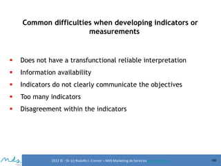 Common difficulties when developing indicators or
measurements



Does not have a transfunctional reliable interpretation



Information availability



Indicators do not clearly communicate the objectives



Too many indicators



Disagreement within the indicators

2012 © - Dr. (c) Rodolfo J. Cremer – MdS Marketing de Servicioseservicios.com

100

 