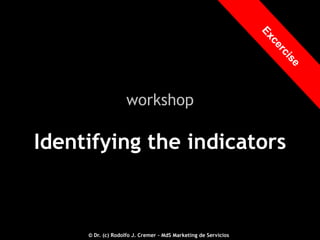 workshop

Identifying the indicators

2012 © - Dr. (c) Rodolfo J. Cremer – MdS Marketing de Servicioseservicios.com
© Dr. (c) Rodolfo J. Cremer – MdS Marketing de Servicios

101

 