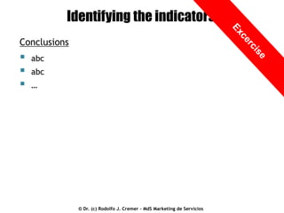 Identifying the indicators
Conclusions





abc
abc
…

© Dr. (c) Rodolfo J. Cremer – MdS Marketing de Servicios

 
