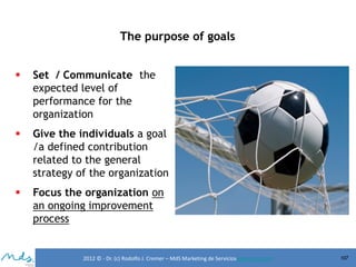 The purpose of goals


Set / Communicate the
expected level of
performance for the
organization



Give the individuals a goal
/a defined contribution
related to the general
strategy of the organization



Focus the organization on
an ongoing improvement
process

2012 © - Dr. (c) Rodolfo J. Cremer – MdS Marketing de Servicioseservicios.com

107

 