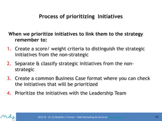 Process of prioritizing Initiatives
When we prioritize initiatives to link them to the strategy
remember to:
1. Create a score/ weight criteria to distinguish the strategic
initiatives from the non-strategic
2. Separate & classify strategic initiatives from the nonstrategic

3. Create a common Business Case format where you can check
the initiatives that will be prioritized
4. Prioritize the initiatives with the Leadership Team

2012 © - Dr. (c) Rodolfo J. Cremer – MdS Marketing de Servicioseservicios.com

123

 