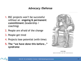 Advocacy /Defense
1. BSC projects won’t be successful
without an ongoing & permanent
committment (leadership /
coaching)
2. People are afraid of the change
3. People get tired

4. Projects lose potential (with time)
5. The “we have done this before…”
syndrome

2012 © - Dr. (c) Rodolfo J. Cremer – MdS Marketing de Servicioseservicios.com

127

 
