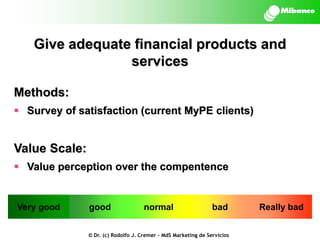 Give adequate financial products and
services
Methods:
 Survey of satisfaction (current MyPE clients)

Value Scale:
 Value perception over the compentence

Very good

good

normal

bad

© Dr. (c) Rodolfo J. Cremer – MdS Marketing de Servicios

Really bad

 
