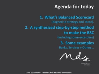 Agenda for today
1. What’s Balanced Scorecard
(Aligned to Strategy and Tactic).

2. A synthesized step-by-step method
to make the BSC
(including some excercises)

3. Some examples
Banks, Services y Others...

© Dr. (c) Rodolfo J. Cremer – MdS Marketing de Servicios

 