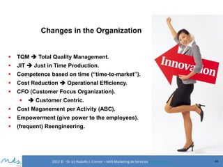 Changes in the Organization



TQM  Total Quality Management.



JIT  Just in Time Production.



Competence based on time (“time-to-market”).



Cost Reduction  Operational Efficiency.



CFO (Customer Focus Organization).



 Customer Centric.



Cost Maganement per Activity (ABC).



Empowerment (give power to the employees).



(frequent) Reengineering.

2012 © - Dr. (c) Rodolfo J. Cremer – MdS Marketing de Servicioseservicios.com

44

 