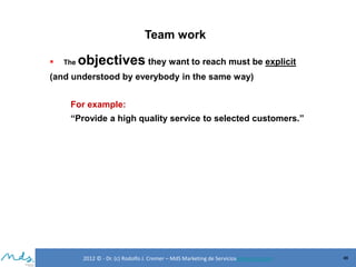 Team work


The

objectives they want to reach must be explicit

(and understood by everybody in the same way)

For example:
“Provide a high quality service to selected customers.”

2012 © - Dr. (c) Rodolfo J. Cremer – MdS Marketing de Servicioseservicios.com

46

 