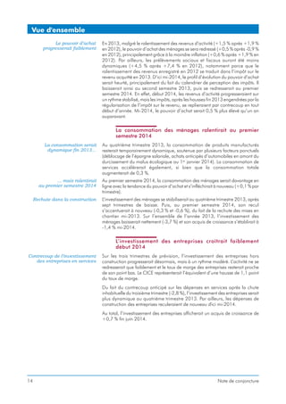 Vue d'ensemble
Le pouvoir d’achat
progresserait faiblement

En 2013, malgré le ralentissement des revenus d’activité (+1,5 % après +1,9 %
en 2012), le pouvoir d’achat des ménages se sera redressé (+0,5 % après -0,9 %
en 2012), principalement grâce à la moindre inflation (+0,6 % après +1,9 % en
2012). Par ailleurs, les prélèvements sociaux et fiscaux auront été moins
dynamiques (+4,5 % après +7,4 % en 2012), notamment parce que le
ralentissement des revenus enregistré en 2012 se traduit dans l’impôt sur le
revenu acquitté en 2013. D’ici mi-2014, le profil d’évolution du pouvoir d’achat
serait heurté, principalement du fait du calendrier de perception des impôts. Il
baisserait ainsi au second semestre 2013, puis se redresserait au premier
semestre 2014. En effet, début 2014, les revenus d’activité progresseraient sur
un rythme stabilisé, mais les impôts, après les hausses fin 2013 engendrées par la
régularisation de l’impôt sur le revenu, se replieraient par contrecoup en tout
début d’année. Mi-2014, le pouvoir d’achat serait 0,5 % plus élevé qu’un an
auparavant.

La consommation des ménages ralentirait au premier
semestre 2014
La consommation serait
dynamique fin 2013...

Au quatrième trimestre 2013, la consommation de produits manufacturés
resterait temporairement dynamique, soutenue par plusieurs facteurs ponctuels
(déblocage de l’épargne salariale, achats anticipés d’automobiles en amont du
durcissement du malus écologique au 1er janvier 2014). La consommation de
services accélérerait également, si bien que la consommation totale
augmenterait de 0,3 %.

... mais ralentirait
au premier semestre 2014

Au premier semestre 2014, la consommation des ménages serait davantage en
ligne avec la tendance du pouvoir d’achat et s’infléchirait à nouveau (+0,1 % par
trimestre).

Rechute dans la construction

L’investissement des ménages se stabiliserait au quatrième trimestre 2013, après
sept trimestres de baisse. Puis, au premier semestre 2014, son recul
s’accentuerait à nouveau (-0,3 % et -0,6 %), du fait de la rechute des mises en
chantier mi-2013. Sur l’ensemble de l’année 2013, l’investissement des
ménages baisserait nettement (-3,7 %) et son acquis de croissance s’établirait à
-1,4 % mi-2014.

L’investissement des entreprises croîtrait faiblement
début 2014
Contrecoup de l’investissement
des entreprises en services

Sur les trois trimestres de prévision, l’investissement des entreprises hors
construction progresserait désormais, mais à un rythme modéré. L’activité ne se
redresserait que faiblement et le taux de marge des entreprises resterait proche
de son point bas. Le CICE représenterait l’équivalent d’une hausse de 1,1 point
du taux de marge.
Du fait du contrecoup anticipé sur les dépenses en services après la chute
inhabituelle du troisième trimestre (-2,8 %), l’investissement des entreprises serait
plus dynamique au quatrième trimestre 2013. Par ailleurs, les dépenses de
construction des entreprises reculeraient de nouveau d'ici mi-2014.
Au total, l’investissement des entreprises afficherait un acquis de croissance de
+0,7 % fin juin 2014.

14

Note de conjoncture

 