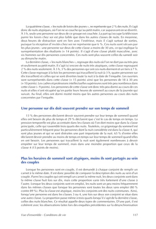 La quatrième classe, « les nuits de loisirs des jeunes », ne représente que 2 % des nuits. Il s’agit
donc de nuits atypiques, où l’on ne se couche qu’au petit matin, car auparavant on se divertit.
À 3 h, seule une personne sur deux de ce groupe est couchée. La part qu’occupe la télévision
parmi les loisirs chez soi est plus faible que dans les autres classes de nuits. En moyenne,
deux heures de distraction sont en lien avec l’extérieur, mais il s’agit surtout de sorties,
puisque la réception d’invités chez soi ne représente que 6 %. Ces nuits sont vécues par
les plus jeunes : une personne sur deux de cette classe a moins de 30 ans, ce qui explique la
surreprésentation des étudiants (+ 14 points). Il s’agit d’une classe plutôt masculine, avec
six hommes sur dix personnes concernées. Ces nuits sont plus souvent celles du samedi soir
au dimanche matin.
    La dernière classe, « les nuits blanches », regroupe des nuits où l’on ne dort pas ou très peu
et seulement au petit matin. Il s’agit ici encore de nuits très atypiques, cette classe regroupant
2 % des nuits seulement. À 3 h, 3 % des personnes qui ont ces nuits dorment et un tiers à 7 h.
Cette classe regroupe à la fois les personnes qui travaillent la nuit (à 3 h, quatre personnes sur
dix travaillent) et celles qui se sont diverties toute la nuit à la date de l’enquête. Les ouvriers
sont surreprésentés dans cette classe (+ 15 points) ainsi que les personnes de 18 à 30 ans
(+ 10 points). Les cadres et professions intellectuelles supérieures sont très peu nombreux dans
cette classe (– 9 points). Les personnes de cette classe ont donc très peu dormi au cours de ces
nuits et elles n’ont récupéré qu’en partie leurs heures de sommeil au cours de la journée qui
suivait. Au final, elles ont dormi moitié moins que les autres personnes au cours des nuits
concernées par l’enquête.


Une personne sur dix doit souvent prendre sur son temps de sommeil
    13 % des personnes déclarent devoir souvent prendre sur leur temps de sommeil quand
elles ont besoin de plus de temps et 29 % déclarent que c’est le cas de temps en temps. La
pression temporelle est plus accentuée dans les classes où l’on dort moins que dans la classe
principale, celle qui rassemble trois quarts des nuits. Toutefois, ce grignotage du sommeil est
particulièrement fréquent pour les personnes dont la nuit considérée est dans la classe 4, qui
sont plus jeunes et qui se sont distraites une part importante de la nuit. 65 % d’entre elles
déclarent devoir prendre au moins de temps en temps sur leur temps de sommeil quand elles
en ont besoin. Les personnes qui travaillent la nuit sont également nombreuses à devoir
empiéter sur leur temps de sommeil, mais dans une moindre proportion que ceux de la
classe 4 (13 points de moins).


Plus les horaires de sommeil sont atypiques, moins ils sont partagés au sein
des couples

    Lorsque les personnes sont en couple, il est demandé à chaque conjoint de remplir un
carnet à la même date. Il est donc possible de comparer la description des nuits au sein d’un
couple. Parmi les couples qui ont rempli un carnet la même nuit, les deux conjoints sont dans
la même classe huit fois sur dix, mais cette proportion varie très fortement d’une classe à
l’autre. Lorsque les deux conjoints sont en emploi, les nuits sont un peu moins fréquemment
dans les mêmes classes que lorsque les personnes sont toutes les deux sans emploi (80 %
contre 89 %). Plus la classe est atypique, moins les conjoints ont des nuits communes. Ainsi,
lorsqu’une personne est dans les classes 3 ou 4, une fois sur deux son conjoint se situe dans
une autre classe. La proportion passe même à trois quarts lorsqu’il s’agit de la dernière classe,
celles des nuits blanches. Ce résultat appelle deux types de commentaires. D’une part, il est
cohérent avec les observations faites lors des enquêtes précédentes sur la désynchronisation


Vue d’ensemble - Conditions de vie                                                                 117
 