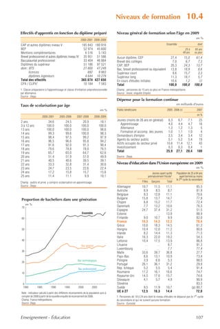 Niveaux de formation                                               10.4
Effectifs d'apprentis en fonction du diplôme préparé                                     Niveau général de formation selon l'âge en 2009
                                                                                                                                                                      en %
                                                            2000-2001 2008-2009
CAP et autres diplômes niveau V                   185 843 180 916                                                                         Ensemble                     dont
BEP                                                52 974 45 600                                                                                            25 à     65 ans
Mentions complémentaires                            6 516   5 143                                                                                         49 ans     ou plus
Brevet professionnel et autres diplômes niveau IV 35 951 51 586                          Aucun diplôme, CEP                       27,4                  15,0         61,4
Baccalauréat professionnel                         33 404 46 884                         Brevet des collèges                       7,0                   6,7          7,3
Diplômes du supérieur                              51 186 97 521                         CAP, BEP                                 20,3                  24,3         13,7
dont : BTS                                         27 800 47 249                         Bac, brevet professionnel ou équivalent 13,8                   18,9          8,6
       licences                                       692   9 983                        Supérieur court                           9,6                  15,7          3,3
       diplômes ingénieurs                          4 644 10 279                         Supérieur long                           11,3                  18,1          5,7
Total des effectifs                               365 874 427 650                        En cours d'études initiales              10,6                   1,2           ///
CPA / CLIPA1                                       10 184   7 583                        Total                                   100,0                 100,0        100,0
1. Classe préparatoire à l'apprentissage et classe d'initiation préprofessionnelle       Champ : personnes de 15 ans ou plus en France métropolitaine.
par alternance.                                                                          Source : Insee, enquête Emploi.
Source : Depp.
                                                                                         Dépense pour la formation continue
Taux de scolarisation par âge                                                                                                                     en milliards d'euros
                                                                               en %      Public bénéficiaire                              2005 2006 (r)               2007
                                                                                                                                                                       en %
                    2000-2001         2005-2006         2007-2008         2008-2009
2 ans                     34,6              24,5             20,9              18,1      Jeunes (moins de 26 ans en général)  6,3                  6,7       7,1        25
3 à 12 ans               100,0             100,0            100,0             100,0         Apprentissage                     4,0                  4,4       4,7        16
13 ans                   100,0             100,0            100,0              98,6         Alternance                        1,3                  1,2       1,3         5
14 ans                    99,3              99,6            100,0              98,3         Formation et accomp. des jeunes   1,0                  1,1       1,0         4
15 ans                    98,4              97,5             99,2              97,9      Demandeurs d'emploi                  3,5                  3,4       3,4        12
16 ans                    96,5              96,6             95,8              94,2      Agents du secteur public             5,1                  5,2       5,4        19
17 ans                    91,6              92,0             91,3              90,4      Actifs occupés du secteur privé     10,6                 11,4      12,1        43
18 ans                    79,6              78,8             78,0              76,5      Investissement                       0,3                  0,3       0,4         1
19 ans                    65,7              65,0             64,7              62,6      Total                               25,9                 27,1      28,4       100
20 ans                    51,4              51,9             51,0              49,9      Source : Depp.
21 ans                    40,5              40,6             39,5              39,1
22 ans                    33,3              32,8             31,4              30,6      Niveau d'éducation dans l'Union européenne en 2009
23 ans                    24,7              23,5             22,6              22,4                                                                                   en %
24 ans                    17,2              15,8             15,7              15,6                                         Jeunes ayant quitté   Population de 25 à 64 ans
25 ans                    11,4              11,1              9,9              10,1                                      prématurément l'école1      ayant terminé au moins
                                                                                                                                                  le 2nd cycle du secondaire
Champ : public et privé, y compris scolarisation en apprentissage.                                              Filles      Garçons       Total
Source : Depp.                                                                           Allemagne             10,7           11,5       11,1                          85,5
                                                                                         Autriche               8,9            8,5        8,7                          81,9
                                                                                         Belgique               9,3           12,8       11,1                          70,6
Proportion de bacheliers dans une génération                                             Bulgarie              15,8           13,7       14,7                          77,9
                                                                                         Chypre                 8,8           15,2       11,7                          72,4
      en %
 70                                                                                      Danemark               7,7           13,2       10,6                          76,3
                                                                                         Espagne               24,7           37,4       31,2                          51,5
                                                             Ensemble                    Estonie                 …              …        13,9                          88,9
 60                                                                                      Finlande               9,0           10,7        9,9                          82,0
                                                                                         France                10,3           14,3       12,3                          70,4
                                                                                         Grèce                 10,6           18,3       14,5                          61,2
 50                                                                                      Hongrie               10,4           12,0       11,2                          80,6
                                                                                         Irlande                8,2           14,4       11,3                          71,5
                                                                                         Italie                16,3           22,0       19,2                          54,3
 40                                                                                      Lettonie              10,4           17,5       13,9                          86,8
                                                            Bac général                  Lituanie                …              …         8,7                          91,3
                                                                                         Luxembourg              …              …         7,7                          77,4
 30
                                                                                         Malte                 33,6           39,7       36,8                          27,7
                                                                                         Pays-Bas               8,6           13,1       10,9                          73,4
                                                         Bac technologique               Pologne                3,9            6,6        5,3                          88,0
 20
                                                                                         Portugal              26,1           36,1       31,2                          29,9
                                                         Bac professionnel               Rép. tchèque           5,2            5,5        5,4                          91,4
 10                                                                                      Roumanie              17,2           16,1       16,6                          74,7
                                                                                         Royaume-Uni           14,5           17,0       15,7                          74,6
                                                                                         Slovaquie              4,1            5,7        4,9                          90,9
  0                                                                                      Slovénie                …              …          …                           83,3
  1980         1985          1990          1995          2000          2005              Suède                  9,5           11,9       10,7                      (p) 80,7
Note : indicateur calculé à partir des différents recensements de la population puis à
                                                                                         UE à 27               12,5           16,3       14,4                          72,0
compter de 2008 à partir de la nouvelle enquête de recensement de 2006.                  1. Personnes de 18 à 24 ans dont le niveau d'études ne dépasse pas le 1er cycle
Champ : France métropolitaine.                                                           du secondaire et qui ne suivent aucune formation.
Source : Depp.                                                                           Source : Eurostat.



Enseignement - Éducation                                                                                                                                              107
 