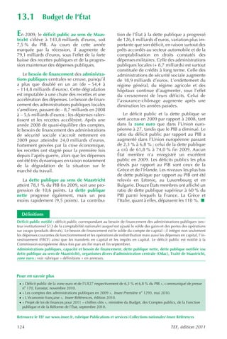 13.1           Budget de l’État

En 2009, le déficit public au sens de Maas-                    tion de l’État à la dette publique a progressé
tricht s’élève à 143,8 milliards d’euros, soit                 de 126,4 milliards d’euros, variation plus im-
7,5 % du PIB. Au cours de cette année                          portante que son déficit, en raison surtout des
marquée par la récession, il augmente de                       prêts accordés au secteur automobile et de la
79,1 milliards d’euros, sous l’effet de la forte               comptabilisation en droits constatés des
baisse des recettes publiques et de la progres-                dépenses militaires. Celle des administrations
sion maintenue des dépenses publiques.                         publiques locales (+ 8,7 milliards) est surtout
                                                               constituée de crédits à long terme. Celle des
    Le besoin de financement des administra-                   administrations de sécurité sociale augmente
tions publiques centrales se creuse, puisqu’il                 de 18,9 milliards d’euros. L’endettement du
a plus que doublé en un an (de – 54,4 à                        régime général, du régime agricole et des
– 114,8 milliards d’euros). Cette dégradation                  hôpitaux continue d’augmenter, sous l’effet
est imputable à une chute des recettes et une                  du creusement de leurs déficits. Celui de
accélération des dépenses. Le besoin de finan-                 l’assurance-chômage augmente après une
cement des administrations publiques locales                   diminution les années passées.
s’améliore, passant de – 8,7 milliards en 2008
à – 5,6 milliards d’euros : les dépenses ralen-                    Le déficit public et la dette publique se
tissent et les recettes accélèrent. Après une                  sont accrus en 2009 par rapport à 2008, tant
année 2008 de quasi-équilibre des comptes,                     dans la zone euro que dans l’Union euro-
le besoin de financement des administrations                   péenne à 27, tandis que le PIB a diminué. Le
de sécurité sociale s’accroît nettement en                     ratio du déficit public par rapport au PIB a
2009 pour atteindre 24,0 milliards d’euros.                    augmenté dans l’Union européenne passant
Fortement grevées par la crise économique,                     de 2,3 % à 6,8 % ; celui de la dette publique
les recettes ont stagné pour la première fois                  a crû de 61,8 % à 74,0 % fin 2009. Aucun
depuis l’après-guerre, alors que les dépenses                  État membre n’a enregistré un excédent
ont été très dynamiques en raison notamment                    public en 2009. Les déficits publics les plus
de la dégradation de la situation sur le                       élevés par rapport au PIB sont ceux de la
marché du travail.                                             Grèce et de l’Irlande. Les niveaux les plus bas
                                                               de dette publique par rapport au PIB ont été
   La dette publique au sens de Maastricht                     relevés en Estonie, au Luxembourg et en
atteint 78,1 % du PIB fin 2009, soit une pro-                  Bulgarie. Douze États membres ont affiché un
gression de 10,6 points. La dette publique                     ratio de dette publique supérieur à 60 % du
nette progresse également, mais un peu                         PIB parmi lesquels la France. La Grèce et
moins rapidement (9,5 points). La contribu-                    l’Italie, quant à elles, dépassent les 110 %.


   Définitions
Déficit public notifié : déficit public correspondant au besoin de financement des administrations publiques (sec-
teur institutionnel S13 de la comptabilité nationale) auquel est ajouté le solde des gains et des pertes des opérations
sur swaps (produits dérivés). Le besoin de financement est le solde du compte de capital : il intègre non seulement
les dépenses courantes de fonctionnement et les opérations de redistribution mais aussi les dépenses en capital, l’in-
vestissement (FBCF) ainsi que les transferts en capital et les impôts en capital. Le déficit public est notifié à la
Commission européenne deux fois par an (fin mars et fin septembre).
Administrations publiques, capacité et besoin de financement, dette publique nette, dette publique notifiée (ou
dette publique au sens de Maastricht), organismes divers d’administration centrale (Odac), Traité de Maastricht,
zone euro : voir rubrique « définitions » en annexes.



Pour en savoir plus
 · « Déficit public de la zone euro et de l’UE27 respectivement de 6,3 % et 6,8 % du PIB », c ommuniqué de presse
   no 170, Eurostat, novembre 2010.
 · « Les comptes des administrations publiques en 2009 », Insee Première no 1293, mai 2010.
 · « L’économie française », Insee Références , édition 2010.
 · « Projet de loi de finances pour 2011 – chiffres clés », ministère du Budget, des Comptes publics, de la Fonction
   publique et de la Réforme de l’État, septembre 2010.

Retrouvez le TEF sur www.insee.fr, rubrique Publications et servicesCollections nationalesInsee Références

124                                                                                              TEF, édition 2011
 