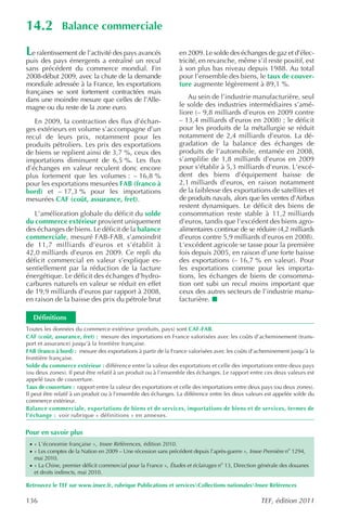 14.2            Balance commerciale

L  e ralentissement de l’activité des pays avancés              en 2009. Le solde des échanges de gaz et d’élec-
puis des pays émergents a entraîné un recul                     tricité, en revanche, même s’il reste positif, est
sans précédent du commerce mondial. Fin                         à son plus bas niveau depuis 1988. Au total
2008-début 2009, avec la chute de la demande                    pour l’ensemble des biens, le taux de couver-
mondiale adressée à la France, les exportations                 ture augmente légèrement à 89,1 %.
françaises se sont fortement contractées mais
dans une moindre mesure que celles de l’Alle-                      Au sein de l’industrie manufacturière, seul
magne ou du reste de la zone euro.                              le solde des industries intermédiaires s’amé-
                                                                liore (– 9,8 milliards d’euros en 2009 contre
   En 2009, la contraction des flux d’échan-                    – 13,4 milliards d’euros en 2008) ; le déficit
ges extérieurs en volume s’accompagne d’un                      pour les produits de la métallurgie se réduit
recul de leurs prix, notamment pour les                         notamment de 2,4 milliards d’euros. La dé-
produits pétroliers. Les prix des exportations                  gradation de la balance des échanges de
de biens se replient ainsi de 3,7 %, ceux des                   produits de l’automobile, entamée en 2008,
importations diminuent de 6,5 %. Les flux                       s’amplifie de 1,8 milliards d’euros en 2009
d’échanges en valeur reculent donc encore                       pour s’établir à 5,3 milliards d’euros. L’excé-
plus fortement que les volumes : – 16,8 %                       dent des biens d’équipement baisse de
pour les exportations mesurées FAB (franco à                    2,1 milliards d’euros, en raison notamment
bord) et – 17,3 % pour les importations                         de la faiblesse des exportations de satellites et
mesurées CAF (coût, assurance, fret).                           de produits navals, alors que les ventes d’Airbus
                                                                restent dynamiques. Le déficit des biens de
   L’amélioration globale du déficit du solde                   consommation reste stable à 11,2 milliards
du commerce extérieur provient uniquement                       d’euros, tandis que l’excédent des biens agro-
des échanges de biens. Le déficit de la balance                 alimentaires continue de se réduire (4,2 milliards
commerciale, mesuré FAB-FAB, s’amoindrit                        d’euros contre 5,9 milliards d’euros en 2008).
de 11,7 milliards d’euros et s’établit à                        L’excédent agricole se tasse pour la première
42,0 milliards d’euros en 2009. Ce repli du                     fois depuis 2005, en raison d’une forte baisse
déficit commercial en valeur s’explique es-                     des exportations (– 16,7 % en valeur). Pour
sentiellement par la réduction de la facture                    les exportations comme pour les importa-
énergétique. Le déficit des échanges d’hydro-                   tions, les échanges de biens de consomma-
carbures naturels en valeur se réduit en effet                  tion ont subi un recul moins important que
de 19,9 milliards d’euros par rapport à 2008,                   ceux des autres secteurs de l’industrie manu-
en raison de la baisse des prix du pétrole brut                 facturière.

    Définitions
Toutes les données du commerce extérieur (produits, pays) sont CAF-FAB.
CAF (coût, assurance, fret) : mesure des importations en France valorisées avec les coûts d’acheminement (trans-
port et assurance) jusqu’à la frontière française.
FAB (franco à bord) : mesure des exportations à partir de la France valorisées avec les coûts d’acheminement jusqu’à la
frontière française.
Solde du commerce extérieur : différence entre la valeur des exportations et celle des importations entre deux pays
(ou deux zones). Il peut être relatif à un produit ou à l’ensemble des échanges. Le rapport entre ces deux valeurs est
appelé taux de couverture.
Taux de couverture : rapport entre la valeur des exportations et celle des importations entre deux pays (ou deux zones).
Il peut être relatif à un produit ou à l’ensemble des échanges. La différence entre les deux valeurs est appelée solde du
commerce extérieur.
Balance commerciale, exportations de biens et de services, importations de biens et de services, termes de
l’échange : voir rubrique « définitions » en annexes.


Pour en savoir plus
 · « L’économie française », Insee Références, édition 2010.
 · « Les comptes de la Nation en 2009 – Une récession sans précédent depuis l’après-guerre », Insee Première no 1294,
    mai 2010.
 · « La Chine, premier déficit commercial pour la France », Études et éclairages no 13, Direction générale des douanes
    et droits indirects, mai 2010.

Retrouvez le TEF sur www.insee.fr, rubrique Publications et servicesCollections nationalesInsee Références

136                                                                                               TEF, édition 2011
 