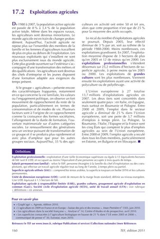 17.2              Exploitations agricoles

De 1980 à 2007, la population active agricole                      culteurs en activité ont entre 50 et 64 ans,
est passée de 8 % à 3,4 % de la population                         alors que cette proportion n’est que de 25 %
active totale. Même dans les espaces ruraux,                       pour la moyenne des actifs occupés.
les agriculteurs sont devenus minoritaires. Le
monde agricole est en train de changer profon-                        Le recul du nombre d’exploitations agricoles
dément. Aujourd’hui, l’activité agricole ne                        se poursuit. Depuis 2005, leur effectif
repose plus sur l’ensemble des membres de la                       diminue de 3 % par an, soit au rythme de la
famille et les femmes d’agriculteurs travaillent                   période 1988-2000. Moins nombreuses, ces
de plus en plus au dehors de l’exploitation. Les                   exploitations grandissent. En 2007, l’exploita-
nouveaux exploitants qui s’installent ne sont                      tion moyenne dispose de 3 hectares de plus
plus exclusivement issus du monde agricole.                        qu’en 2005 et 12 de mieux qu’en 2000. Les
Cette plus grande ouverture sur l’extérieur s’ac-                  exploitations professionnelles s’étendent
compagne d’une transformation des métiers et                       désormais sur 25,2 millions d’hectares de su-
des qualifications : les agriculteurs sont devenus                 perficie agricole, à peine moins qu’en 2005
des chefs d’entreprise et les jeunes disposent                     ou 2000. Les exploitations de grandes
d’une formation adaptée aux exigences du                           cultures sont les plus nombreuses. Viennent
temps présent.                                                     ensuite les exploitations ayant une activité de
                                                                   polyculture ou de polyélevage.
    Si le groupe « agriculteurs » présente encore
des caractéristiques frappantes, notamment                            L’Union européenne à 27 totalise
en ce qui concerne la vie familiale, les valeurs                   13,7 millions d’exploitations agricoles en
ou l’engagement politique, on observe un fort                      2007. Les deux tiers sont concentrés dans
mouvement de rapprochement du reste de la                          seulement quatre pays : en Italie, en Espagne,
population, particulièrement en termes de                          mais surtout en Roumanie et Pologne. Entre
consommation et de modes de vie. Plusieurs                         2000 et 2009, l’emploi dans le secteur
facteurs sont à l’origine de ce rapprochement                      agricole a diminué de 25 % dans l’Union
comme la croissance des formes sociétaires,                        européenne, soit une perte de 3,7 millions
l’allongement de la durée de formation, l’ou-                      d’emplois à temps plein. La Pologne, la
verture matrimoniale sur d’autres catégories                       Roumanie, l’Italie, l’Espagne et la France sont
sociales. Le renouvellement des générations                        les cinq États qui comptent le plus d’emplois
sera un vecteur puissant de transformation de                      agricoles au sein de l’Union européenne.
ce groupe et il se produira plus rapidement et                     Entre 2000 et 2009, l’emploi agricole a reculé
avec plus d’ampleur que pour les autres                            dans tous les États membres, particulièrement
groupes sociaux. Aujourd’hui, 35 % des agri-                       en Estonie, en Bulgarie et en Slovaquie.


     Définitions
Exploitation professionnelle : exploitation d’une taille économique supérieure ou égale à 12 équivalents-hectares
de blé (soit 8 UDE) et occupant au moins l’équivalent d’une personne occupée à trois quarts de temps.
Salarié permanent non familial : selon le SSP, personne étrangère à la famille du chef d’exploitation ou des coex-
ploitants, qui effectue un travail agricole régulier tout au long de l’année, à temps plein ou partiel.
Superficie agricole utilisée (SAU) : comprend les terres arables, la superficie toujours en herbe (STH) et les cultures
permanentes.
Unité de dimension européenne (UDE) : unité de mesure de la marge brute standard, définie au niveau européen.
Une UDE équivaut à 1,5 hectare de blé.
Exploitation agricole à responsabilité limitée (EARL), grandes cultures, groupement agricole d’exploitation en
commun (Gaec), Société civile d’exploitation agricole (SCEA), unité de travail annuel (UTA) : voir rubrique
« définitions » en annexes.


Pour en savoir plus
 ·   « Graph’agri », Agreste, édition 2010.
 ·   « L’agriculture en 2009 en France et en Europe – baisse des prix et des revenus », Insee Première no 1303, juin 2010.
 ·   « Les agriculteurs dans la société française », Analyse no 14, Centre d’études et de prospective, avril 2010.
 ·   « Les superficies consacrées à l ’agriculture biologique en hausse de 21 % dans l ’UE entre 2005 et 2008 »,
     communiqué de presse no 30, Eurostat, mars 2010.

Retrouvez le TEF sur www.insee.fr, rubrique Publications et servicesCollections nationalesInsee Références

160                                                                                                   TEF, édition 2011
 
