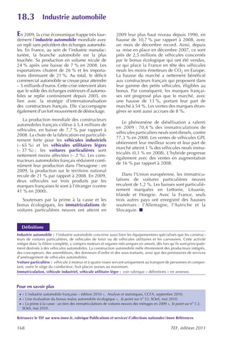 18.3           Industrie automobile

En 2009, la crise économique frappe très lour-                  2009 leur plus haut niveau depuis 1990, en
dement l’industrie automobile mondiale avec                     hausse de 10,7 % par rapport à 2008, avec
un repli sans précédent des échanges automobi-                  un mois de décembre record. Ainsi, depuis
les. En France, au sein de l’industrie manufac-                 sa mise en place en décembre 2007, ce sont
turière, la branche automobile est la plus                      près de 2,5 millions de véhicules concernés
touchée. Sa production en volume recule de                      par le bonus écologique qui ont été vendus,
24 % après une baisse de 7 % en 2008. Les                       ce qui place la France en tête des véhicules
exportations chutent de 26 % et les importa-                    neufs les moins émetteurs de CO2 en Europe.
tions diminuent de 21 %. Au total, le déficit                   La hausse du marché a nettement bénéficié
commercial automobile se creuse pour atteindre                  aux constructeurs français qui proposent dans
– 5 milliards d’euros. Cette crise intervient alors             leur gamme des petits véhicules, éligibles au
que le solde des échanges extérieurs d’automo-                  bonus. Par conséquent, les marques françai-
biles se replie continûment depuis 2005, en                     ses ont progressé plus que le marché, avec
lien avec la stratégie d’internationalisation                   une hausse de 13 %, portant leur part de
des constructeurs français. Elle s’accompagne                   marché à 54 %. Les ventes des marques étran-
également d’un fort mouvement de déstockage.                    gères se sont aussi accrues de 8 %.
   La production mondiale des constructeurs
                                                                    Le phénomène de diésélisation a ralenti
automobiles français s’élève à 5,4 millions de
                                                                en 2009 : 70,4 % des immatriculations de
véhicules, en baisse de 7,7 % par rapport à
                                                                véhicules particuliers neufs sont diesels, contre
2008. La chute de la fabrication est particuliè-
                                                                77,3 % en 2008. Les ventes de véhicules GPL
rement forte pour les véhicules industriels
                                                                obtiennent leur meilleur score et leur part de
(– 65 %) et les véhicules utilitaires légers
                                                                marché atteint 1 % des véhicules neufs imma-
(– 37 %) ; les voitures particulières sont
                                                                triculés (0,1 % en 2008). L’hybride progresse
nettement moins affectées (– 2 %). Les cons-
                                                                également avec des ventes en augmentation
tructeurs automobiles français réduisent conti-
                                                                de 16 % par rapport à 2008.
nûment leur production dans l’hexagone : en
2009, la production sur le territoire national
recule de 21 % par rapport à 2008. En 2009,                         Dans l’Union européenne, les immatricu-
deux véhicules sur trois produits par les                       lations de voitures particulières neuves
marques françaises le sont à l’étranger (contre                 reculent de 1,2 %. Les baisses sont particuliè-
41 % en 2000).                                                  rement marquées en Lettonie, Lituanie,
                                                                Irlande et Hongrie. Avec la France, seuls
   Soutenues par la prime à la casse et les                     trois autres pays ont enregistré des hausses
bonus écologiques, les immatriculations de                      soutenues : l’Allemagne, l’Autriche et la
voitures particulières neuves ont atteint en                    Slovaquie.


  Définitions
Industrie automobile : l’industrie automobile concerne aussi bien les équipementiers spécialisés que les construc-
teurs de voitures particulières, de véhicules de loisir ou de véhicules utilitaires et les carrossiers. Cette activité
intègre donc la filière complète, y compris moteurs et organes mécaniques en amont, dès lors qu’ils sont principale-
ment destinés à des véhicules automobiles. La construction automobile mêle étroitement des producteurs intégrés,
des concepteurs, des assembleurs, des donneurs d’ordre et des sous-traitants, ainsi que des prestataires de services
d’aménagement de véhicules automobiles.
Voiture particulière : véhicule à moteur et à quatre roues servant uniquement au transport de personnes et compor-
tant, outre le siège du conducteur, huit places assises au maximum.
Immatriculation, véhicule industriel, véhicule utilitaire léger : voir rubrique « définitions » en annexes.



Pour en savoir plus
 · « L’industrie automobile française – édition 2010 », Analyse et statistiques , CCFA, septembre 2010.
 · « Une évaluation du bonus malus automobile écologique », le point sur no 53, SOeS, mai 2010.
 · « La prime à la casse : un tiers des immatriculations de voitures neuves des ménages en 2009 », le point sur no 5 2,
   SOeS, mai 2010.

Retrouvez le TEF sur www.insee.fr, rubrique Publications et servicesCollections nationalesInsee Références

168                                                                                                TEF, édition 2011
 
