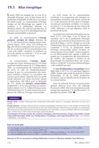 19.1           Bilan énergétique

L’année 2009 est marquée par la crise de la                      La forte baisse de la consommation
demande d’énergie, avec la forte baisse de la                 combinée à la progression des énergies re-
production industrielle et celle de la circulation            nouvelables entraînent une baisse record de
des poids lourds. La consommation d’énergie                   5,7 % des émissions de CO2 dues à l’énergie,
marque un net décrochage par rapport à la                     maintenant clairement orientées à la baisse,
tendance à la stabilisation observée ces                      en étant 6,1 % en dessous de leur niveau de
dernières années. Du côté de la production, le                1990, référence à ne pas dépasser selon le
nucléaire est en recul et le développement des                protocole de Kyoto.
énergies renouvelables se poursuit.
                                                                 La production nationale d’énergie primaire
                                                              perd 5,4 % (130 Mtp). C’est la baisse du
   En 2009, la consommation d’énergie                         nucléaire (82 % de la production d’énergie
primaire, corrigée du climat, diminue de                      primaire) qui entraîne le mouvement avec une
5,2 %, une baisse d’une ampleur jamais enre-                  perte de 8 Mtep (– 6,8 %). Malgré un recul de
gistrée depuis 1975. Avec 259 millions de                     l’hydraulique lié à un manque de pluviosité à
tep, elle retrouve à peu près son niveau d’il y a             l’automne (– 11 %), la production totale
dix ans. La structure de la consommation reste                d’énergie renouvelable atteint 20 Mtep, un
à peu près stable ; toutefois, la tendance au                 niveau jamais encore égalé : cette croissance,
recul du pétrole se confirme (– 6 %) et celle                 en net fléchissement par rapport à 2008, est
du charbon (– 11 %) s’accentue.                               portée par la progression des biocarburants,
                                                              de l’éolien, des pompes à chaleur et du
   La consommation d’énergie finale,                          bois-énergie. En seulement deux ans, le parc
corrigée du climat, diminue aussi, à 169 Mtep                 éolien a crû de 84 % et le parc photovoltaïque
après une stabilité autour de 175 Mtep depuis                 a été multiplié par sept.
2001. La consommation de l’industrie chute
                                                                 Le taux d’indépendance énergétique est en
de 10 % et celle du résidentiel-tertiaire
                                                              léger repli, à 50,5 % (– 0,2 point par rapport à
marque le pas. La consommation des trans-
                                                              2008). Il pâtit cette année du repli de la filière
ports continue à baisser. La circulation des
                                                              hydraulique et de la faible production
voitures particulières reprend mais les poids
                                                              nucléaire, tout en bénéficiant de la baisse de
lourds subissent une chute d’activité. Quant
                                                              la consommation.
à l’agriculture, elle réduit aussi sa demande
de 3 %. Seules les énergies renouvelables                        Avec 38 milliards d’euros, la facture éner-
progressent (+ 4 %). Leur part dans la consom-                gétique diminue d’un tiers (58 milliards
mation atteint 12,4 %, l’objectif français pour               d’euros en 2008). Elle reste néanmoins lourde
2020 étant fixé à 23 % selon la directive euro-               puisqu’elle représente 2 % du PIB contre 1 %
péenne de 2009 sur l’énergie renouvelable.                    pendant les années 1990.


   Définitions
Énergie finale : énergie livrée pour être consommée telle quelle (essence à la pompe, électricité au foyer ou à
l’usine,...).
Énergie primaire : énergie contenue dans les produits énergétiques tirés de la nature. Cette énergie est utilisée telle
quelle par l’utilisateur final, ou transformée en une autre forme d’énergie (l’électricité par exemple), ou consommée
dans le processus de transformation ou d’acheminement vers l’utilisateur, ou encore utilisée à des fins non énergéti-
ques, comme dans la fabrication de plastique à partir du pétrole.
Consommation d’énergie corrigée des variations climatiques, électricité primaire, énergie renouvelable, énergie
renouvelable thermique (ENRt), taux d’indépendance énergétique, tonne-équivalent pétrole (tep) : voir rubrique
« définitions » en annexes.



Pour en savoir plus
 · « Les énergies renouvelables ont représenté 10,3 % de la consommation énergétique de l’UE en 2008 »,
   communiqué de presse no 103, Eurostat, juillet 2010.
 · « Prix de l’énergie dans l’Union européenne en 2009 », Chiffres & statistiques no 141, SOeS, juillet 2010.
 · « Bilan énergétique de la France en 2009 », Le point sur no 59, SOeS, juin 2010.

Retrouvez le TEF sur www.insee.fr, rubrique Publications et servicesCollections nationalesInsee Références

172                                                                                             TEF, édition 2011
 