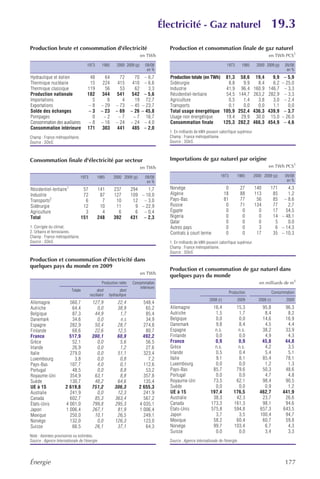 Électricité - Gaz naturel                                          19.3
Production brute et consommation d'électricité                                       Production et consommation finale de gaz naturel
                                                                         en TWh                                                                      en TWh PCS1

                                    1973       1985     2000 2009 (p)     09/08                                           1973       1985     2000 2009 (p)      09/08
                                                                           en %                                                                                   en %
Hydraulique et éolien                48          64       72        70    – 6,7       Production totale (en TWh) 81,3 58,6                    19,4     9,9      – 5,9
Thermique nucléaire                  15         224      415       410    – 6,6       Sidérurgie                   8,8   9,9                   8,4     6,2     – 25,0
Thermique classique                 119          56       53        62      3,3       Industrie                   41,9 96,4                  160,9   146,7      – 3,3
Production nationale                182         344      541       542    – 5,6       Résidentiel-tertiaire       54,5 144,7                 263,2   282,9      – 3,3
Importations                          5           6        4        19     72,7       Agriculture                  0,5   1,4                   3,8     3,0      – 2,4
Exportations                         –8        – 29     – 73      – 45   – 23,7       Transports                   0,1   0,0                   0,0     1,1        0,0
Solde des échanges                   –3        – 23     – 69      – 26   – 45,8       Total usage énergétique 105,9 252,4                    436,3   439,9      – 3,7
Pompages                              0          –2       –7        –7     16,7       Usage non énergétique       19,4 29,9                   30,0    15,0     – 26,0
Consommation des auxiliaires         –8        – 16     – 24      – 24    – 4,0       Consommation finale        125,3 282,2                 466,3   454,9      – 4,6
Consommation intérieure             171         303      441       485    – 2,0
                                                                                     1. En milliards de kWh pouvoir calorifique supérieur.
Champ : France métropolitaine.                                                       Champ : France métropolitaine.
Source : SOeS.                                                                       Source : SOeS.



Consommation finale d'électricité par secteur                                        Importations de gaz naturel par origine
                                                                         en TWh                                                                      en TWh PCS1

                                 1973       1985      2000 2009 (p)       09/08                                      1973          1985      2000 2009 (p)       09/08
                                                                           en %                                                                                   en %

Résidentiel-tertiaire1            57        141        237        294    1,7          Norvège                             0         27       140      171    4,3
Industrie                         72         87        127        109 – 10,0          Algérie                            18         88       113       85    1,2
Transports2                        6          7         10         12 – 3,0           Pays-Bas                           81         77        56       85 – 8,6
Sidérurgie                        12         10         11          9 – 22,9          Russie                              0         71       134       77    2,7
Agriculture                        3          4          6          6 – 0,4           Égypte                              0          0         0       17   54,5
Total                            151        248        392        431 – 2,3           Nigeria                             0          0         0       14 – 48,1
                                                                                      Qatar                               0          0         0        5    0,0
1. Corrigée du climat.                                                                Autres pays                         0          0         3        6 – 14,3
2. Urbains et ferroviaires.                                                           Contrats à court terme              0          0        17       35 – 10,3
Champ : France métropolitaine.
Source : SOeS.                                                                       1. En milliards de kWh pouvoir calorifique supérieur.
                                                                                     Champ : France métropolitaine.
                                                                                     Source : SOeS.
Production et consommation d'électricité dans
quelques pays du monde en 2009
                                                                                     Production et consommation de gaz naturel dans
                                                                         en TWh
                                                                                     quelques pays du monde
                                               Production nette   Consommation                                                                  en milliards de m3
                                                                      intérieure
                          Totale            dont           dont                                                               Production                  Consommation
                                        nucléaire   hydraulique
                                                                                                              2008 (r)             2009        2008 (r)          2009
Allemagne               560,7            127,9          22,4            548,4
Autriche                 64,4              0,0          38,9             65,2         Allemagne                 16,4             15,3            95,8           96,3
Belgique                 87,3             44,9           1,7             85,4         Autriche                   1,5              1,7             8,4            8,2
Danemark                 34,6              0,0           n.s             34,9         Belgique                   0,0              0,0            14,6           16,9
Espagne                 282,9             50,4          28,7            274,8         Danemark                   9,8              8,4             4,5            4,4
Finlande                 68,6             22,6          12,5             80,7         Espagne                    n.s.             n.s.           38,2           33,9
France                  517,9            390,1          60,9            492,2         Finlande                   0,0              0,0             4,9            4,3
Grèce                    52,1              0,0           5,6             56,5         France                     0,9              0,9            45,8           44,8
Irlande                  26,9              0,0           1,2             27,6         Grèce                      n.s.             n.s.            4,2            3,5
Italie                  279,0              0,0          51,1            323,4         Irlande                    0,5              0,4             5,4            5,1
Luxembourg                3,8              0,0           0,8              7,2         Italie                     9,1              8,1            85,4           78,1
Pays-Bas                107,7              4,0           0,1            112,6         Luxembourg                 0,0              0,0             1,2            1,3
Portugal                 48,5              0,0           8,8             53,2         Pays-Bas                  85,7             79,6            50,3           48,6
Royaume-Uni             354,9             63,1           8,8            357,8         Portugal                   0,0              0,0             4,7            4,8
Suède                   130,7             48,2          64,6            135,4         Royaume-Uni               73,5             62,1            98,4           90,5
UE à 15               2 619,8            751,2         306,3          2 655,3         Suède                      0,0              0,0             0,9            1,2
Australie               241,9              0,0          12,3            241,9         UE à 15                  197,4            176,5           462,7          441,9
Canada                  602,7             85,3         363,4            567,2         Australie                 38,3             42,3            23,7           26,6
États-Unis            4 001,0            799,8         295,3          4 035,1         Canada                   173,3            161,3            98,1           94,6
Japon                 1 006,4            267,1          81,9          1 006,4         États-Unis               575,8            594,8           657,3          643,5
Mexique                 250,0             10,1          26,5            249,1         Japon                      3,7              3,5           100,4           94,7
Norvège                 132,0              0,0         126,3            123,0         Mexique                   58,2             60,4            60,7           59,8
Suisse                   66,5             26,1          37,1             64,3         Norvège                   99,7            103,4             6,7            4,3
                                                                                      Suisse                     0,0              0,0             3,4            3,3
Note : données provisoires ou estimées.
Source : Agence Internationale de l'énergie.                                         Source : Agence internationale de l'énergie.




Énergie                                                                                                                                                          177
 