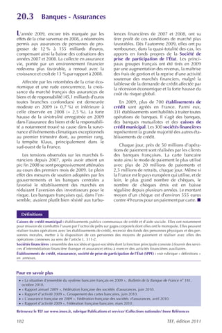 20.3             Banques - Assurances

L’année 2009, encore très marquée par les                      lences financières de 2007 et 2008, ont su
effets de la crise survenue en 2008, a néanmoins               tirer profit de ces conditions de marché plus
permis aux assurances de personnes de pro-                     favorables. Dès l’automne 2009, elles ont pu
gresser de 12 % à 155 milliards d’euros,                       rembourser, dans la quasi-totalité des cas, les
compensant ainsi la baisse des cotisations des                 apports en fonds propres de la Société de
années 2007 et 2008. La collecte en assurance                  prise de participation de l’État. Les princi-
vie, portée par un environnement financier                     paux groupes français ont été tirés en 2009
redevenu plus favorable, a renoué avec la                      par une augmentation des revenus, la maîtrise
croissance et croît de 13 % par rapport à 2008.                des frais de gestion et la reprise d’une activité
                                                               soutenue des marchés financiers, malgré la
   Affectée par les retombées de la crise éco-                 faiblesse de la demande de crédit affectée par
nomique et une rude concurrence, la crois-                     la récession économique et la forte hausse du
sance du marché français des assurances de                     coût du risque global.
biens et de responsabilité (45,1 milliards d’euros
toutes branches confondues) est demeurée                          En 2009, plus de 700 établissements de
modeste en 2009 (+ 0,7 %) et inférieure à                      crédit sont agréés en France. Parmi eux,
celle observée en 2008 (+ 2,5 %). La forte                     331 établissements sont habilités à traiter toutes
hausse de la sinistralité enregistrée en 2009                  opérations de banques. Il s’agit des banques,
dans l’assurance des biens et de la responsabili-              des banques mutualistes et des caisses de
té a notamment trouvé sa cause dans la surve-                  crédit municipal. Les 300 sociétés financières
nance d’événements climatiques exceptionnels                   représentent la grande majorité des autres éta-
au premier trimestre dont, au premier rang,                    blissements de crédit.
la tempête Klaus, principalement dans le
sud-ouest de la France.                                            Chaque jour, près de 50 millions d’opéra-
                                                               tions de paiement sont réalisées par les clients
   Les tensions observées sur les marchés fi-                  des banques françaises. La carte bancaire
nanciers depuis 2007, après avoir atteint un                   reste ainsi le mode de paiement le plus utilisé
pic fin 2008 se sont progressivement atténuées                 avec plus de 20 millions de paiements et
au cours des premiers mois de 2009. Le plein                   2,5 millions de retraits, chaque jour. Même si
effet des mesures de soutien adoptées par les                  la France est le pays européen qui utilise, et de
gouvernements et les banques centrales a                       loin, le plus grand nombre de chèques, le
favorisé le rétablissement des marchés en                      nombre de chèques émis est en baisse
réduisant l’aversion des investisseurs pour le                 régulière depuis plusieurs années. Le montant
risque. Les banques françaises qui, dans l’en-                 moyen d’un chèque est d’environ 555 euros
semble, avaient plutôt bien résisté aux turbu-                 contre 49 euros pour un paiement par carte.


     Définitions
Caisses de crédit municipal : établissements publics communaux de crédit et d’aide sociale. Elles ont notamment
pour mission de combattre l’usure par l’octroi de prêts sur gages corporels dont elles ont le monopole. Elles peuvent
réaliser toutes opérations avec les établissements de crédit, recevoir des fonds des personnes physiques et des per-
sonnes morales, mettre à la disposition de ces personnes des moyens de paiement et réaliser avec elles des
opérations connexes au sens de l’article L. 311-2.
Sociétés financières : ensemble des sociétés et quasi-sociétés dont la fonction principale consiste à fournir des servi-
ces d’intermédiation financière (banque et assurance) et/ou à exercer des activités financières auxiliaires.
Établissements de crédit, réassurance, société de prise de participation de l’État (SPPE) : voir rubrique « définitions »
en annexes.



Pour en savoir plus
 · « La situation d’ensemble du système bancaire français en 2009 », Bulletin de la Banque de France no 181,
     octobre 2010.
 ·   « Rapport annuel 2009 », Fédération française des sociétés d’assurances, juin 2010.
 ·   « Rapport d’activité 2009 », Groupement des cartes bancaires, juin 2010.
 ·   « L’assurance française en 2009 », Fédération française des sociétés d’assurances, avril 2010.
 ·   « Rapport d’activité 2009 », Fédération française bancaire, mars 2010 .

Retrouvez le TEF sur www.insee.fr, rubrique Publications et servicesCollections nationalesInsee Références

182                                                                                               TEF, édition 2011
 