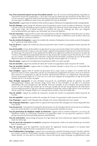 Taux d’accroissement naturel (ou taux d’excédent naturel) : taux de croissance démographique imputable au
   mouvement naturel de la population, c’est-à-dire celui qui ne résulte que des naissances et des décès. Il se
   calcule comme le rapport du solde naturel pendant une période à la population moyenne de cette période. Il
   est aussi égal à la différence entre le taux de natalité et le taux de mortalité.
Taux d’activité : rapport entre le nombre d’actifs (actifs occupés et chômeurs) et la population totale correspondante.
Taux de chômage : pourcentage de chômeurs dans la population active (actifs occupés et chômeurs). On peut
   calculer un taux de chômage par âge en mettant en rapport les chômeurs d’une classe d’âge avec les actifs de
   cette classe d’âge. De la même manière se calculent des taux de chômage par sexe, par catégorie
   socio-professionnelle, par région, par nationalité, par niveau de diplôme...
Taux de couverture : rapport entre la valeur des exportations et celle des importations entre deux pays (ou deux
   zones). Il peut être relatif à un produit ou à l’ensemble des échanges. La différence entre les deux valeurs est
   appelée solde du commerce extérieur.
Taux de création d’entreprises : rapport du nombre des créations d’entreprises d’une année au stock d’entreprises
   au 1er janvier de cette même année.
Taux de divorce : rapport du nombre de divorces prononcés dans l’année à la population totale moyenne de
   l’année.
Taux de fécondité : le taux de fécondité à un âge donné (ou pour une tranche d’âge) est le nombre d’enfants nés
   vivants des femmes de cet âge au cours de l’année, rapporté à la population moyenne de l’année des femmes
   de même âge. Par extension, le taux global de fécondité est le rapport du nombre de naissances vivantes de
   l’année à l’ensemble de la population féminine en âge de procréer (nombre moyen des femmes de 15 à 50
   ans sur l’année). À la différence de l’indicateur conjoncturel de fécondité, l’évolution du taux de fécondité
   dépend en partie de l’évolution de la structure par âge des femmes âgées de 15 à 50 ans.
Taux de marge : rapport de l’excédent brut d’exploitation (EBE) à la valeur ajoutée.
Taux de mortalité : rapport du nombre de décès de l’année à la population totale moyenne de l’année.
Taux de mortalité infantile : rapport entre le nombre d’enfants décédés à moins d’un an et l’ensemble des
   enfants nés vivants.
Taux d’emploi : rapport entre le nombre de personnes de la classe ayant un emploi et le nombre total de
   personnes dans la classe. Il peut être calculé sur l’ensemble de la population d’un pays, mais on se limite le
   plus souvent à la population en âge de travailler (généralement définie, en comparaison internationale,
   comme les personnes âgées de 15 à 64 ans) ou à une sous-catégorie de la population en âge de travailler
   (femmes de 25 à 29 ans par exemple).
Taux d’emploi sous-jacent : le taux d’emploi sous-jacent (ou standardisé) permet de gommer les poids
   démographiques inégaux des tranches d’âge inclus dans le taux d’emploi. Il est égal à la moyenne
   arithmétique des taux d’emploi par âge détaillé. Ainsi par exemple, le taux d’emploi sous-jacent permet
   d’avoir un taux d’emploi des seniors qui ne tient pas compte du fait que les générations du baby-boom
   arrivent progressivement à l’âge de la retraite et gonflent le poids des classes d’âges élevés. Il est calculé par
   l’Insee à partir de l’enquête Emploi et le concept retenu est donc celui de l’emploi BIT.
Taux de natalité : rapport du nombre de naissances vivantes de l’année à la population totale moyenne de
   l’année.
Taux de nuptialité : rapport du nombre de mariages de l’année à la population totale moyenne de l’année.
Taux d’épargne : rapport entre l’épargne des ménages et le revenu disponible brut (non ajusté).
Taux d’épargne financière : rapport entre la capacité de financement des ménages et le revenu disponible brut
   (non ajusté).
Taux de pauvreté : correspond à la proportion de personnes (ou de ménages) dont le niveau de vie est inférieur
   pour une année donnée à un seuil, dénommé seuil de pauvreté (exprimé en euros).
Taux de pénétration du téléphone mobile ou d’Internet : rapport entre le nombre d’abonnés à un service de
   téléphonie mobile ou d’utilisation d’Internet et la population totale. Ce taux peut être supérieur à 100 %
   puisqu’une personne peut posséder plusieurs abonnements.
Taux de scolarisation : pourcentage de jeunes d’un âge donné qui sont scolarisés par rapport à la population
   totale du même âge.
Taux de survie des entreprises à n année(s) : proportion d’entreprises créées une année donnée qui ont atteint
   leur ne anniversaire.
Taux de vacance : part des logements vacants parmi les logements locatifs proposés à la location dans
   l’ensemble des logements loués ou proposés à la location.
Taux d’indépendance énergétique : rapport entre la production nationale d’énergie primaire (charbon, pétrole,
   gaz naturel, nucléaire, hydraulique, énergies renouvelables) et la consommation d’énergie primaire, une
   année donnée. Ce taux peut se calculer pour chacun des grands types d’énergie ou globalement toutes


TEF, édition 2011                                                                                                 235
 