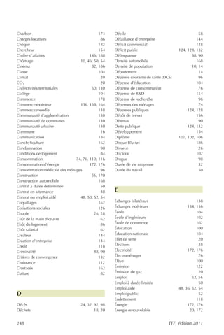 Charbon                                    174    Décile                                       58
Charges locatives                           86    Défaillance d’entreprise                    144
Chèque                                     182    Déficit commercial                          138
Chercheur                                  154    Déficit public                    124, 128, 132
Chiffre d’affaires                    146, 188    Délinquance                              88, 90
Chômage                         10, 46, 50, 54    Densité automobile                          168
Cinéma                                 82, 186    Densité de population                    10, 14
Classe                                     104    Département                                  14
Climat                                      20    Dépense courante de santé (DCS)              96
CO2                                         20    Dépense d’éducation                         104
Collectivités territoriales            60, 130    Dépense de consommation                      76
Collège                                    104    Dépense de R&D                              154
Commerce                                   178    Dépense de recherche                         96
Commerce extérieur              136, 138, 164     Dépenses des ménages                         74
Commerce mondial                           138    Dépenses publiques                     124, 128
Communauté d’agglomération                 130    Dépôt de brevet                             156
Communauté de communes                     130    Détenus                                      90
Communauté urbaine                         130    Dette publique                         124, 132
Commune                                     16    Développement                               154
Communication                              184    Diplôme                           100, 102, 106
Conchyliculture                            162    Disque Blu-ray                              186
Condamnation                                90    Divorce                                      26
Conditions de logement                      84    Doctorat                                    102
Consommation                  74, 76, 110, 116    Drogue                                       98
Consommation d’énergie                172, 176    Durée de vie moyenne                         32
Consommation médicale des ménages           96    Durée du travail                             50
Construction                           56, 170
Construction automobile                    168
Contrat à durée déterminée                  50
Contrat en alternance                       48    E
Contrat ou emploi aidé          48, 50, 52, 54
Coquillages                                162    Échanges bilatéraux                         138
Cotisations sociales                       126    Échanges extérieurs                    134, 136
Couple                                  26, 28    École                                       104
Coût de la main d’œuvre                     62    École d’ingénieurs                          102
Coût du logement                            86    École de commerce                           102
Coût salarial                               62    Éducation                                   100
Créateur                                   144    Éducation nationale                         104
Création d’entreprise                      144    Effet de serre                                20
Crédit                                     118    Élections                                     38
Criminalité                             88, 90    Électricité                            172, 176
Critères de convergence                    132    Électroménager                                76
Croissance                                 112    Élève                                       100
Crustacés                                  162    Émission                                    122
Culture                                     82    Émission de gaz                               20
                                                  Emploi                                    52, 56
                                                  Emploi à durée limitée                        50
                                                  Emploi aidé                       48, 36, 52, 54
D                                                 Emploi public                                 52
                                                  Endettement                                 118
Décès                            24, 32, 92, 98   Énergie                                172, 176
Déchets                                  18, 20   Énergie renouvelable                    20, 172


248                                                                            TEF, édition 2011
 