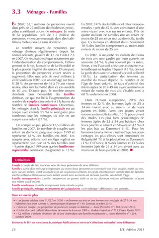 3.3           Ménages - Familles

En 2007, 62,1 millions de personnes vivent                       En 2007, 14 % des familles sont dites monopa-
dans près de 27 millions de résidences princi-                   rentales ; près de 85 % sont constituées d’une
pales constituant autant de ménages. Le reste                    mère vivant avec son ou ses enfants. Près de
de la population, près de 1,5 million de                         quatre millions de familles ont un enfant de
personnes, vit en communauté, dans des habi-                     moins de 25 ans et un seul au domicile, tandis
tations mobiles ou est sans domicile.                            que 3,5 millions en abritent deux. Seulement
                                                                 10 % des familles comprennent au moins trois
    Le nombre moyen de personnes par                             enfants de moins de 25 ans.
ménage diminue régulièrement depuis les
années soixante, passant de 3,1 en 1968 à 2,3                       En 2007, la majorité des enfants de moins
en 2007. Ce résultat s’explique notamment par                    de trois ans sont gardés par leurs parents en
l’individualisation des comportements, l’allon-                  semaine (63 %), le plus souvent par la mère.
gement de la vie, la maîtrise de la fécondité et                 Sinon, c’est l’accueil chez une assistante ma-
la plus grande fragilité des unions. D’une part,                 ternelle qui est le plus fréquent (18 %), devant
la proportion de personnes vivant seules a                       la garde dans une structure d’accueil collectif
augmenté. Elles sont près de neuf millions à                     (10 %). La participation des femmes au
vivre seules en 2007, soit un ménage sur trois.                  marché du travail dépend du nombre et de
Si 28 % des personnes de 65 à 79 ans vivent                      l’âge de leurs enfants. Le taux d’activité des
seules, elles sont la moitié dans ce cas au-delà                 mères âgées de 20 à 49 ans ayant au moins un
de 80 ans. D’autre part, le nombre moyen                         enfant de moins de trois ans s’établit ainsi à
d’enfants dans l’ensemble des familles                           68 % seulement en 2008.
diminue, ce qui est lié à l’augmentation du
nombre de couples sans enfant et à la baisse du                     Dans l’Union européenne, 20 % des
nombre de familles nombreuses. Désormais,                        femmes et 32 % des hommes âgés de 25 à
les ménages dont la famille principale est un                    34 ans vivent avec au moins un de leurs
couple avec enfants (29 %) ne sont guère plus                    parents en 2008. Parmi ces jeunes vivant
nombreux que les ménages où elle est un                          encore au domicile familial, 13 % poursuivent
couple sans enfant (27 %).                                       des études. Les plus forts pourcentages de
                                                                 femmes âgées de 25 à 34 ans habitant chez
   On compte un peu plus de 17,5 millions de                     leurs parents se situent en Slovaquie (42 %) et
familles en 2007. Le nombre de couples sans                      les plus bas au Danemark (1 %). Pour les
enfant au domicile progresse depuis 1999 et                      hommes dans la même tranche d’âge, les pour-
représente 42 % des familles en 2007. Les                        centages les plus élevés sont enregistrés en
couples avec enfants sont en léger repli et ne                   Bulgarie (61 %) et les plus faibles au Danemark
représentent plus que 44 % des familles (soit                    (3 %). En France, 8 % des femmes et 13 % des
– 4 points depuis 1999) alors que les familles mo-               hommes âgés de 25 à 34 ans vivent avec au
noparentales continuent d’augmenter (+ 15 %).                    moins un de leurs parents en 2008.


  Définitions
Couple : couple de fait, marié ou non, de deux personnes de sexe différent.
Famille : partie d’un ménage comprenant au moins deux personnes et constituée soit d’un couple, marié ou non,
avec ou sans enfant, soit d’un adulte avec un ou plusieurs enfants. Les seuls enfants pris en compte dans les familles
sont les enfants célibataires et sans enfant vivant avec au moins un de leurs parents, sans limite d’âge.
Famille monoparentale : famille comprenant un parent isolé et un ou plusieurs enfants célibataires (n’ayant
eux-même pas d’enfant).
Famille nombreuse : famille comprenant trois enfants ou plus.
Famille principale, ménage, recensement de la population : voir rubrique « définitions » en annexes.

Pour en savoir plus
 · « Les jeunes adultes dans l’UE27 en 2008 – un homme sur trois et une femme sur cinq âgés de 25 à 34 ans
     habitent chez leurs parents », communiqué de presse no 149, Eurostat, octobre 2010.
 · « Vivre en couple – la proportion de jeunes en couple se stabilise », Insee Première no 1281, février 2010.
 · « L’offre d’accueil collectif des enfants de moins de 6 ans en 2008 », études et résultats no 715, Drees, février 2010.
 · « 1,2 million d’enfants de moins de 18 ans vivent dans une famille recomposée », Insee Première no 1259,
     octobre 2009.

Retrouvez le TEF sur www.insee.fr, rubrique Publications et servicesCollections nationalesInsee Références

28                                                                                                   TEF, édition 2011
 