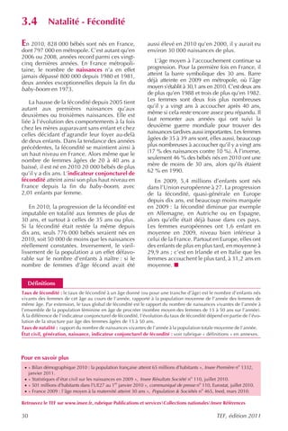 3.4           Natalité - Fécondité

En 2010, 828 000 bébés sont nés en France,                     aussi élevé en 2010 qu’en 2000, il y aurait eu
dont 797 000 en métropole. C’est autant qu’en                  environ 30 000 naissances de plus.
2006 ou 2008, années record parmi ces vingt-
cinq dernières années. En France métropoli-                       L’âge moyen à l’accouchement continue sa
taine, le nombre de naissances n’a en effet                    progression. Pour la première fois en France, il
jamais dépassé 800 000 depuis 1980 et 1981,                    atteint la barre symbolique des 30 ans. Barre
deux années exceptionnelles depuis la fin du                   déjà atteinte en 2009 en métropole, où l’âge
baby-boom en 1973.                                             moyen s’établit à 30,1 ans en 2010. C’est deux ans
                                                               de plus qu’en 1988 et trois de plus qu’en 1982.
   La hausse de la fécondité depuis 2005 tient                 Les femmes sont deux fois plus nombreuses
autant aux premières naissances qu’aux                         qu’il y a vingt ans à accoucher après 40 ans,
deuxièmes ou troisièmes naissances. Elle est                   même si cela reste encore assez peu répandu. Il
liée à l’évolution des comportements à la fois                 faut remonter aux années qui ont suivi la
chez les mères auparavant sans enfant et chez                  deuxième guerre mondiale pour trouver des
celles décidant d’agrandir leur foyer au-delà                  naissances tardives aussi importantes. Les femmes
de deux enfants. Dans la tendance des années                   âgées de 35 à 39 ans sont, elles aussi, beaucoup
précédentes, la fécondité se maintient ainsi à                 plus nombreuses à accoucher qu’il y a vingt ans
un haut niveau en France. Alors même que le                    (17 % des naissances contre 10 %). À l’inverse,
nombre de femmes âgées de 20 à 40 ans a                        seulement 46 % des bébés nés en 2010 ont une
baissé, il est né en 2010 20 000 bébés de plus                 mère de moins de 30 ans, alors qu’ils étaient
qu’il y a dix ans. L’indicateur conjoncturel de                62 % en 1990.
fécondité atteint ainsi son plus haut niveau en                   En 2009, 5,4 millions d’enfants sont nés
France depuis la fin du baby-boom, avec                        dans l’Union européenne à 27. La progression
2,01 enfants par femme.                                        de la fécondité, quasi-générale en Europe
                                                               depuis dix ans, est beaucoup moins marquée
    En 2010, la progression de la fécondité est                en 2009 : la fécondité diminue par exemple
imputable en totalité aux femmes de plus de                    en Allemagne, en Autriche ou en Espagne,
30 ans, et surtout à celles de 35 ans ou plus.                 alors qu’elle était déjà basse dans ces pays.
Si la fécondité était restée la même depuis                    Les femmes européennes ont 1,6 enfant en
dix ans, seuls 776 000 bébés seraient nés en                   moyenne en 2009, niveau bien inférieur à
2010, soit 50 000 de moins que les naissances                  celui de la France. Partout en Europe, elles ont
réellement constatées. Inversement, le vieil-                  des enfants de plus en plus tard, en moyenne à
lissement de la population a un effet défavo-                  29,9 ans ; c’est en Irlande et en Italie que les
rable sur le nombre d’enfants à naître : si le                 femmes accouchent le plus tard, à 31,2 ans en
nombre de femmes d’âge fécond avait été                        moyenne.


  Définitions
Taux de fécondité : le taux de fécondité à un âge donné (ou pour une tranche d’âge) est le nombre d’enfants nés
vivants des femmes de cet âge au cours de l’année, rapporté à la population moyenne de l’année des femmes de
même âge. Par extension, le taux global de fécondité est le rapport du nombre de naissances vivantes de l’année à
l’ensemble de la population féminine en âge de procréer (nombre moyen des femmes de 15 à 50 ans sur l’année).
À la différence de l’indicateur conjoncturel de fécondité, l’évolution du taux de fécondité dépend en partie de l’évo-
lution de la structure par âge des femmes âgées de 15 à 50 ans.
Taux de natalité : rapport du nombre de naissances vivantes de l’année à la population totale moyenne de l’année.
État civil, génération, naissance, indicateur conjoncturel de fécondité : voir rubrique « définitions » en annexes.




Pour en savoir plus
 · « Bilan démographique 2010 : la population française atteint 65 millions d’habitants », Insee Première no 1332,
     janvier 2011.
 · « Statistiques d’état civil sur les naissances en 2009 », Insee Résultats Société no 110, juillet 2010.
 · « 501 millions d’habitants dans l’UE27 au 1er janvier 2010 », communiqué de presse no 110, Eurostat, juillet 2010.
 · « France 2009 : l’âge moyen à la maternité atteint 30 ans », Population & Sociétés no 465, Ined, mars 2010.

Retrouvez le TEF sur www.insee.fr, rubrique Publications et servicesCollections nationalesInsee Références

30                                                                                               TEF, édition 2011
 