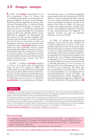 3.9           Étrangers - Immigrés

En 2007, les immigrés représentent 8,3 %                        tion étant plus rares. Le nombre d’acquérants
de la population vivant en France, soit                         par mariage a diminué de moitié entre 2007 et
5,2 millions de personnes. Ils sont souvent ori-                2008, en raison du passage de deux à quatre
ginaires d’Algérie, du Maroc ou du Portugal.                    ans de la durée minimale du mariage pour
Parmi les personnes âgées de 18 à 50 ans, nées                  ouvrir la possibilité de devenir Français. Il est
en France métropolitaine, 3,1 millions d’entre                  ensuite resté stable en 2009. Les nouveaux
elles sont enfants d’immigrés. La moitié ont                    Français sont, depuis plusieurs années main-
moins de 30 ans. La moitié des descendants                      tenant, essentiellement originaires d’Afrique
directs ont un parent immigré né en Europe et                   et plus particulièrement du Maghreb. Un
quatre sur dix sur le continent africain, essen-                nouveau Français sur sept est originaire
tiellement au Maghreb. Les descendants les                      d’Europe, un sur neuf d’Asie.
plus jeunes ont des parents d’origines plus
variées et plus lointaines. Les enfants d’immi-
grés de 18 à 30 ans ont une fois sur deux une                       En 2009, 30 millions de ressortissants
ascendance africaine. Près du quart des des-                    étrangers vivent dans les États membres de
cendants ayant la nationalité française ont au                  l’Union européenne à 27, soit 6,1 % de la po-
moins une autre nationalité. Pour la grande                     pulation totale de l’Union. lls viennent majo-
majorité des descendants, la langue française a                 ritairement de pays européens, États membres
été transmise dans leur enfance par au moins                    ou non. Les autres ressortissants sont originai-
un de leurs parents. À la génération suivante,                  res d’Afrique, d’Asie et du continent américain.
les descendants devenus eux-mêmes parents                       La proportion de ressortissants étrangers varie
parlent quasiment tous français avec leurs                      de moins de 1 % en Pologne, en Roumanie et
enfants vivant en France.                                       en Slovaquie à 44 % au Luxembourg. En 2008,
                                                                les États membres ont octroyé leur nationalité
   En 2007, 3,7 millions d’étrangers résident                   à 696 000 personnes et c’est en France, au
en France. Leur poids dans la population                        Royaume-Uni et en Allemagne que les octrois
totale est de 5,8 %. Depuis le début des                        ont été les plus nombreux, de même que
années 2000, les acquisitions de la nationalité                 les enregistrements de demandeurs d’asile.
française par décret demeurent le mode d’ac-                    L’Union européenne à 27 a enregistré près de
quisition le plus répandu et représentent plus                  261 000 demandeurs d’asile en 2009, soit
des deux tiers de l’ensemble des acquisitions                   520 demandeurs par million d’habitants. Ils
en 2008. Dans neuf cas sur dix, il s’agit d’une                 sont principalement originaires d’Afghanistan,
naturalisation, les acquisitions par réintégra-                 de Russie, de Somalie, d’Iraq et du Kosovo.



   Définitions
Nationalité : lien juridique qui relie une personne à un État déterminé. De ce lien découlent des obligations à la
charge des personnes qui possèdent la qualité de Français, en contrepartie desquelles sont conférés des droits po-
litiques, civils et professionnels, ainsi que le bénéfice des libertés publiques.
La nationalité française peut résulter soit d’une attribution par filiation (droit du sang) ou par la naissance en France
(droit du sol) soit d’une acquisition à la suite d’évènements personnels (mariage avec un Français, par exemple) ou
d’une décision des autorités françaises (naturalisation). La nationalité française est attribuée de plein droit à la nais-
sance à l’enfant, légitime ou naturel, dont l’un des parents au moins est français (droit du sol) ou à l’enfant, légitime
ou naturel, né en France lorsque l’un de ses parents au moins y est lui-même né (double droit du sol).
Étranger, immigré, naturalisation : voir rubrique « définitions » en annexes.




Pour en savoir plus
 · « L’intégration à la française : plus de 130 000 nouveaux Français chaque année », Infos migrations no 16,
     ministère de l’Immigration, de l’Intégration, de l’Identité nationale et du Développement solidaire, août 2010.
 · « Les États membres de l’UE27 ont octroyé la nationalité à 696 000 personnes en 2008 », communiqué de
   presse no 100, Eurostat, juillet 2010.
 · « Être né en France d’un parent immigré », Insee Première no 1287, mars 2010.

Retrouvez le TEF sur www.insee.fr, rubrique Publications et servicesCollections nationalesInsee Références

40                                                                                                 TEF, édition 2011
 