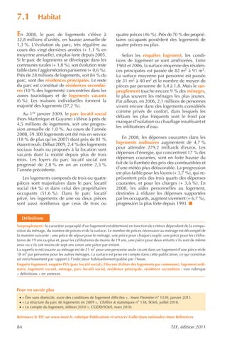 7.1         Habitat

En   2008, le parc de logements s’élève à                    quatre pièces (46 %). Près de 70 % des proprié-
32,8 millions d’unités, en hausse annuelle de                taires occupants possèdent des logements de
1,3 %. L’évolution du parc, très régulière au                quatre pièces ou plus.
cours des vingt dernières années (+ 1,1 % en
moyenne annuelle), est plus forte depuis 2005.                  Selon les enquêtes logement, les condi-
Si le parc de logements se développe dans les                tions de logement se sont améliorées. Entre
communes rurales (+ 1,8 %), son évolution reste              1984 et 2006, la surface moyenne des résiden-
faible dans l’agglomération parisienne (+ 0,6 %).            ces principales est passée de 82 m2 à 91 m2.
Près de 28 millions de logements, soit 84 % du               La surface moyenne par personne est passée
parc, sont des résidences principales. Le reste              de 31 m2 à 40 m2 et le nombre de moyen de
du parc est constitué de résidences secondai-                pièces par personne de 1,4 à 1,8. Mais le sur-
res (10 % des logements) concentrées dans les                peuplement touche encore 9 % des ménages,
zones touristiques et de logements vacants                   le plus souvent les ménages les plus jeunes.
(6 %). Les maisons individuelles forment la                  Par ailleurs, en 2006, 2,1 millions de personnes
majorité des logements (57,2 %).                             vivent encore dans des logements considérés
                                                             comme privés de confort, dans lesquels les
   Au 1er janvier 2009, le parc locatif social
                                                             défauts les plus fréquents sont le froid par
(hors Martinique et Guyane) s’élève à près de
                                                             manque d’isolation ou chauffage insuffisant et
4,5 millions de logements, soit une progres-
                                                             les infiltrations d’eau.
sion annuelle de 1,0 %. Au cours de l’année
2008, 59 300 logements ont été mis en service
(18 % de plus qu’en 2007) dont près de 81 %                      En 2008, les dépenses courantes dans les
étaient neufs. Début 2009, 2,4 % des logements               logements ordinaires augmentent de 4,7 %
sociaux loués ou proposés à la location sont                 pour atteindre 279,2 milliards d’euros. Les
vacants dont la moitié depuis plus de trois                  dépenses d’énergie, qui concentrent 17 % des
mois. Les loyers du parc locatif social ont                  dépenses courantes, sont en forte hausse du
progressé de 2,8 % en un an contre 2,5 %                     fait de la flambée des prix des combustibles et
l’année précédente.                                          d’une météo plus défavorable. La progression
                                                             est plus faible pour les loyers (+ 3,7 %), qui re-
   Les logements composés de trois ou quatre                 présentent près des trois quarts des dépenses
pièces sont majoritaires dans le parc locatif                courantes, et pour les charges (+ 3,6 %). En
social (64 %) et dans celui des propriétaires                2008, les aides personnelles au logement,
occupants (51,6 %). Dans le parc locatif                     destinées à réduire les dépenses supportées
privé, les logements de une ou deux pièces                   par les occupants, augment vivement (+ 6,7 %),
sont aussi nombreux que ceux de trois ou                     progression la plus forte depuis 1993.


  Définitions
Surpeuplement : le caractère surpeuplé d’un logement est déterminé en fonction de critères dépendant de la compo-
sition du ménage, du nombre de pièces et de la surface. Le nombre de pièces nécessaire au ménage est décompté de
la manière suivante : une pièce de séjour pour le ménage, une pièce pour chaque couple, une pièce pour les céliba-
taires de 19 ans ou plus et, pour les célibataires de moins de 19 ans, une pièce pour deux enfants s’ils sont de même
sexe ou s’ils ont moins de sept ans sinon une pièce par enfant.
                                                  2
La superficie nécessaire au ménage est de 25 m pour une personne seule vivant dans un logement d’une pièce et de
      2
18 m par personne pour les autres ménages. La surface est prise en compte dans cette publication, ce qui constitue
un enrichissement par rapport à l’indicateur habituellement publié par l’Insee.
Enquête logement, enquête PLS (parc locatif social), Filocom (fichier des logements par commune), logement ordi-
naire, logement vacant, ménage, parc locatif social, résidence principale, résidence secondaire : voir rubrique
« définitions » en annexes.



Pour en savoir plus
 · « Être sans domicile, avoir des conditions de logement difficiles », Insee Première no 1330, janvier 2011.
 · « La structure du parc de logements en 2009 », Chiffres & statistiques no 138, SOeS, juillet 2010.
 · « Le compte du logement, édition 2010 », CGDD/SOeS, mars 2010.

Retrouvez le TEF sur www.insee.fr, rubrique Publications et servicesCollections nationalesInsee Références

84                                                                                             TEF, édition 2011
 