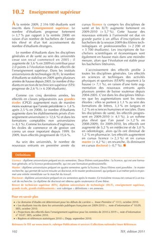 10.2           Enseignement supérieur

À la rentrée 2009, 2 316 100 étudiants sont                   cursus licence (y compris les disciplines de
inscrits dans l’enseignement supérieur. Le                    santé et les IUT) augmente fortement en
nombre d’étudiants progresse fortement                        2009-2010 (+ 5,7 %). Cette hausse des
(+ 3,7 % par rapport à la rentrée 2008) en                    nouveaux entrants à l’université est due en
raison d’un nombre de bacheliers de l’année                   grande partie à un afflux d’inscriptions de
très élevé et d’un fort accroissement du                      bacheliers de la session 2009 des filières tech-
nombre d’étudiants étrangers.                                 nologiques et professionnelles (+ 2 200 et
                                                              + 3 700 étudiants). Les inscriptions de ba-
   Le nombre d’étudiants dans les disciplines                 cheliers scientifiques et économiques sont
générales et de santé au sein des universités                 également en hausse mais dans une moindre
cesse son recul commencé en 2005 ; il                         mesure, alors que l’évolution est stable pour
augmente de 3,6 % en 2009 et contribue pour                   les bacheliers littéraires.
2,0 points à l’évolution totale des effectifs de
l’enseignement supérieur. Dans les instituts                     L’accroissement des effectifs profite à
universitaires de technologie (IUT), le nombre                toutes les disciplines générales. Les effectifs
d’étudiants se stabilise en 2009 après plusieurs              en sciences et techniques des activités
années de hausse depuis 2005. Le nombre d’étu-                physiques et sportives (STAPS) repartent à la
diants en section de technicien supérieur (STS)               hausse (+ 7,1 %), en raison d’une forte aug-
progresse de 2,6 % (+ 6 200 étudiants).                       mentation des nouveaux entrants après
                                                              plusieurs années de baisse soutenue depuis
   Comme ces cinq dernières années, les                       2004-2005. C’est dans les disciplines littérai-
effectifs en classes préparatoires aux grandes                res que les augmentations sont les moins
écoles (CPGE) augmentent mais de manière                      élevées : elles se portent à 1,1 % au sein des
moins soutenue que l’année précédente (+ 1,4 %                formations de lettres, 3,3 % en langues et
après 2,5 % en 2008). Le nombre d’étudiants                   1,2 % en sciences humaines et sociales. Dans
augmente dans les établissements privés d’en-                 les disciplines de santé, les effectifs progres-
seignement universitaire (+ 12,6 %) et dans les               sent en 2009-2010 (+ 4,1 %), à un rythme
formations comptables non universitaires                      plus élevé que l’an passé (+ 1,2 % en
(+ 8,3 %). Comme les formations d’ingénieurs,                 2008-2009). En 2009-2010, les effectifs ont
les écoles de commerce et de gestion ont                      augmenté de 5,2 % en médecine et de 3,0 %
connu un essor important depuis 1999. En                      en odontologie, alors qu’ils ont diminué de
2009, leurs effectifs progressent de 15,6 %.                  1,2 % en pharmacie. Les effectifs augmentent
                                                              en cursus licence (+ 2,3 %) et en cursus
  Au sein des universités, le nombre de                       master (+ 4,2 %) ; en revanche, ils diminuent
nouveaux entrants en première année du                        en cursus doctorat (– 0,7 %).

   Définitions
Licence : diplôme universitaire préparé en six semestres. Deux filières sont possibles : la licence, qui est une forma-
tion générale, et la licence professionnelle, qui est une formation professionnelle.
Master : diplôme universitaire préparé en quatre semestres après la licence. Deux filières sont possibles : le master
recherche, qui permet de suivre ensuite un doctorat, et le master professionnel, qui prépare à un métier précis et per-
met une entrée immédiate sur le marché du travail.
Doctorat : diplôme universitaire préparé en six semestres après le master. Ce troisième niveau est consacré à un tra-
vail de recherche. Le diplôme de doctorat est obtenu après soutenance d’une thèse.
Brevet de technicien supérieur (BTS), diplôme universitaire de technologie (DUT), enseignement supérieur,
grande école, grands établissements : voir rubrique « définitions » en annexes.


Pour en savoir plus
 · « Le domaine d’études est déterminant pour les débuts de carrière », Insee Première no 1313, octobre 2010.
 · « Les étudiants inscrits dans les universités publiques françaises en 2009-2010 », note d’information no 10.09,
   SIES, octobre 2010.
 · « Projections des effectifs dans l’enseignement supérieur pour les rentrées de 2010 à 2019 », note d’information
   no 10.07, SIES, octobre 2010.
 · « Repères et références statistiques 2010 », Depp, septembre 2010.

Retrouvez le TEF sur www.insee.fr, rubrique Publications et servicesCollections nationalesInsee Références

102                                                                                             TEF, édition 2011
 