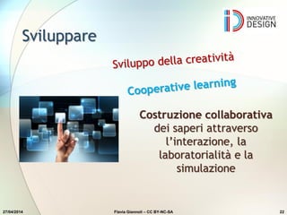 Sviluppare
27/04/2014 22
Costruzione collaborativa
dei saperi attraverso
l’interazione, la
laboratorialità e la
simulazione
Flavia Giannoli – CC BY-NC-SA
 