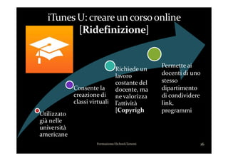 Richiede un
lavoro
costante del
Permette ai
docenti di uno
stesso
Formazione/iSchool/Zenoni 16
Utilizzato
già nelle
università
americane
Consente la
creazione di
classi virtuali
costante del
docente, ma
ne valorizza
l’attività
[Copyright]
stesso
dipartimento
di condividere
link,
programmi,
verifiche etc.
 