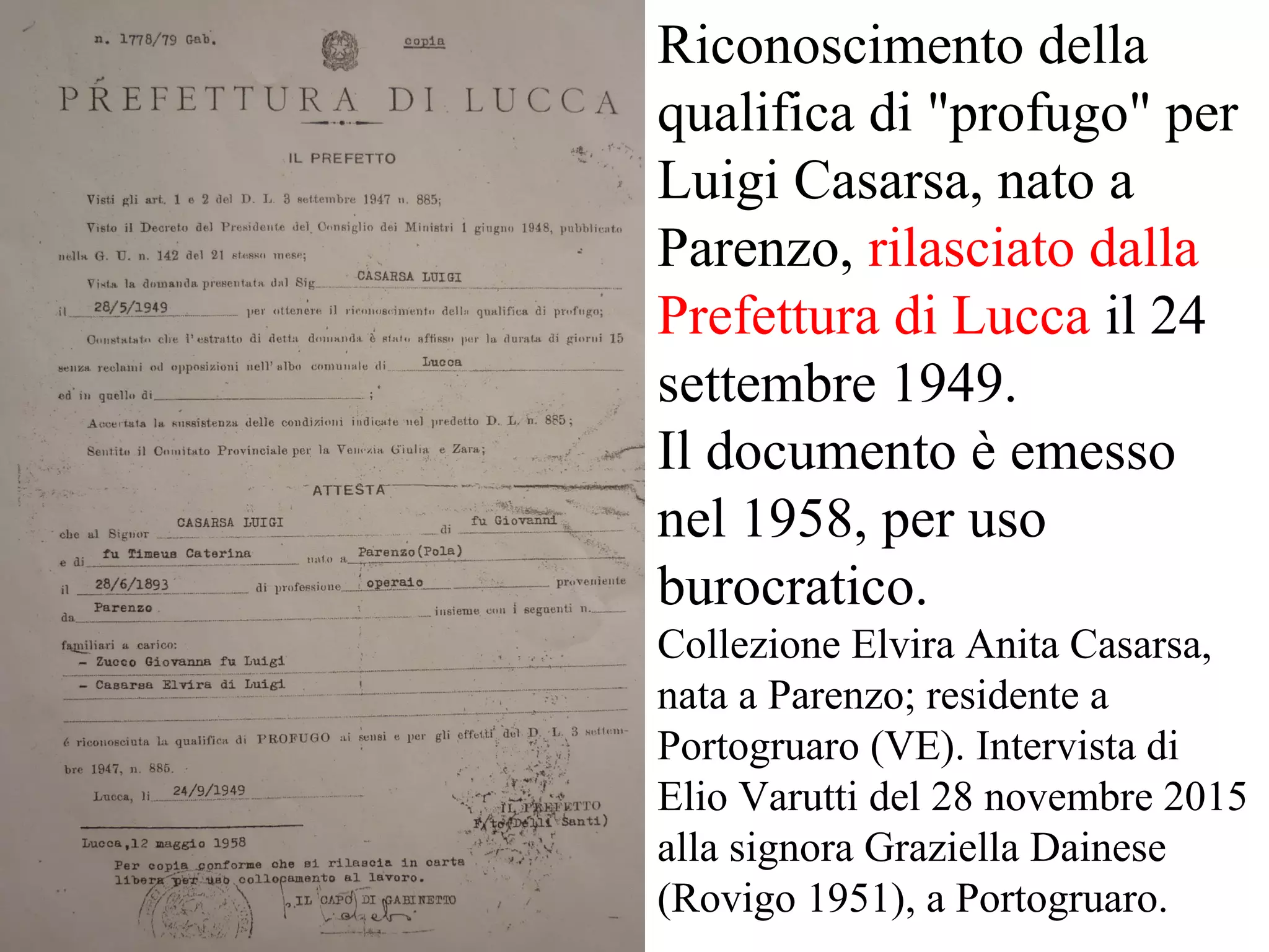 Riconoscimento della
qualifica di "profugo" per
Luigi Casarsa, nato a
Parenzo, rilasciato dalla
Prefettura di Lucca il 24
settembre 1949.
Il documento è emesso
nel 1958, per uso
burocratico.
Collezione Elvira Anita Casarsa,
nata a Parenzo; residente a
Portogruaro (VE). Intervista di
Elio Varutti del 28 novembre 2015
alla signora Graziella Dainese
(Rovigo 1951), a Portogruaro.
 