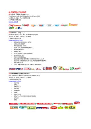 A: CENTRALE ITALIANA
A1- COOP ITALIA S.coop.r.l. -
Via del Lavoro, 8 - 40033 Casalecchio di Reno (BO)
Tel. 051.596111 - Fax 051.596512
P.IVA 01515921201
www.e-coop.it
______________________________________________________________________________________________
A2- SIGMA S.coop.r.l. -
Via Paolo Nanni Costa, 30 - 40133 Bologna (BO)
Tel. 051.6428511 - Fax 051.6428500
P.IVA 00290770379
www.supersigma.com
- CONSORZIO EUROPA SCPA
- VEGA SOC. COOP.
- REALCO SCO. COOP.
- COAL SOC. COPPERATIVA A R.L.
- MULTICASH SPA
- PRIME SRL
- CE.DI. SIGMA CAMPANIA SpA
- MULTICEDI SRL**
- TATO’ PARIDE SpA
- CS&D CENTRO SERVIZI E DISTRIBUZIONE S.C.p.A.
- CENTRO SUPERMERCATI SICILIA OCCIDENTALE SPA
- F.LLI ARENA**
- CSRS SPA – CENTRO SUP.TI REGIONE SICILIA
________________________________________________________________________________________________
A3- DESPAR ITALIA S.cons.r.l. -
Via Cristoni, 82 - 40033 - Casalecchio di Reno (BO)
Tel. 051.6118020 - Fax 051.6118040
P.IVA 00820910156
www.desparitalia.it
- ASPIAG
- CADLA
- CANNILLO
- ERGON
- FIORINO
- GAM
- GRUPPO 6
- GRUPPO TUO (COMPRENDE DICO)
- L’ALCO
- S.C.S
 