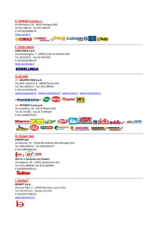 E: CONAD S.coop.r.l.
Via Michelino, 59 - 40127 Bologna (BO)
tel 051.508111 - fax 051.508414
P.IVA 03320960374
www.conad.it
________________________________________________________________________________________________________________________
F: ESSELUNGA
ESSELUNGA S.p.A.
Via Giambologna, 1 - 20096 Limito di Pioltello (MI)
Tel. 02.923671 - Fax 02.9267202
P.IVA 04916380159
www.esselunga.it
________________________________________________________________________________________________________________________
G:AICUBE
G1- GRUPPO PAM S.p.A.
Via delle industrie, 8 - 30038 Spinea (VE)
Tel. 041.5496111 - Fax: 041.999393
P.IVA 01534730278
www.gruppopam.it - www.e-panorama.it - www.e-pam.it - www.insmercato.it
G2 -INTERDIS S.cons.p.A.
Via Lomellina, 10 - 20133 Milano (MI)
Tel. 02.752961 - Fax 02.75296504
P.IVA 12640970153
________________________________________________________________________________________________________________________
H: Finiper SpA
FINIPER SpA
Via Mameli, 19 - 27054 Montebello della Battaglia (PV)
Tel. 0383.894511 - Fax 0383.892257
P.IVA 10893660158
ALFI S.r.l. (accordo con Finiper)
Via Voghera, 59 - 15025 Casalnoceto (AL)
Tel. 0131-808200- Fax 0131.809949
P.IVA 00587870122
________________________________________________________________________________________________________________________
I: BENNET
BENNET S.p.A.
Via Enzo Ratti, 2 - 22070 Montano Lucino (CO)
Tel. 031.475111 - Fax 031.471110
P.IVA 07071700152
www.bennet.com
 