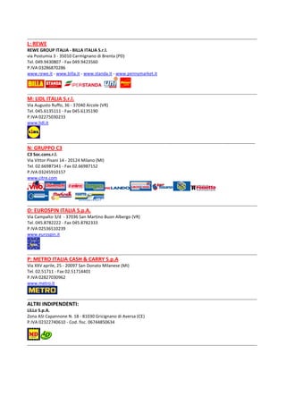 ________________________________________________________________________________________________________________________
L: REWE
REWE GROUP ITALIA - BILLA ITALIA S.r.l.
via Postumia 3 - 35010 Carmignano di Brenta (PD)
Tel. 049.9430807 - Fax 049.9423560
P.IVA 03286870286
www.rewe.it - www.billa.it - www.standa.it - www.pennymarket.it
________________________________________________________________________________________________________________________
M: LIDL ITALIA S.r.l.
Via Augusto Ruffo, 36 - 37040 Arcole (VR)
Tel. 045.6135111 - Fax 045.6135190
P.IVA 02275030233
www.lidl.it
_______________________________________________________________________________________________________________________
N: GRUPPO C3
C3 Soc.cons.r.l.
Via Vittor Pisani 14 - 20124 Milano (MI)
Tel. 02.66987341 - Fax 02.66987152
P.IVA 03245910157
www.citre.com
________________________________________________________________________________________________________________________
O: EUROSPIN ITALIA S.p.A.
Via Campalto 3/d - 37036 San Martino Buon Albergo (VR)
Tel. 045.8782222 - Fax 045.8782333
P.IVA 02536510239
www.eurospin.it
________________________________________________________________________________________________________________________
P: METRO ITALIA CASH & CARRY S.p.A
Via XXV aprile, 25 - 20097 San Donato Milanese (MI)
Tel. 02.51711 - Fax 02.51714401
P.IVA 02827030962
www.metro.it
________________________________________________________________________________________________________________________
ALTRI INDIPENDENTI:
LiLLo S.p.A.
Zona ASI Capannone N. 18 - 81030 Gricignano di Aversa (CE)
P.IVA 02322740610 - Cod. fisc. 06744850634
________________________________________________________________________________________________________________________
 