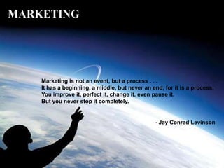 Marketing is not an event, but a process . . .
It has a beginning, a middle, but never an end, for it is a process.
You improve it, perfect it, change it, even pause it.
But you never stop it completely.
MARKETING
- Jay Conrad Levinson
 