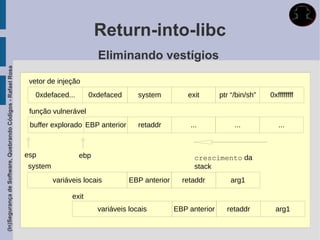Return-into-libc
                                                                                     Eliminando vestígios
(In)Segurança de Software, Quebrando Códigos - Rafael Rosa




                                                              vetor de injeção
                                                                0xdefaced...       0xdefaced      system          exit       ptr “/bin/sh”   0xffffffff

                                                              função vulnerável
                                                              buffer explorado EBP anterior       retaddr         ...             ...           ...



                                                             esp               ebp                                  crescimento da
                                                             system                                                 stack
                                                                      variáveis locais         EBP anterior     retaddr         arg1

                                                                            exit
                                                                                     variáveis locais         EBP anterior     retaddr         arg1
 