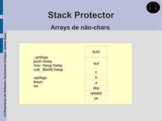 Stack Protector
                                                                        Arrays de não-chars
(In)Segurança de Software, Quebrando Códigos - Rafael Rosa




                                                                                     buf2
                                                             ; prólogo
                                                             push %ebp
                                                                                     buf
                                                             mov %esp,%ebp
                                                             sub $0x58,%esp
                                                                                       c
                                                             ;epílogo                  b
                                                             leave                     a
                                                             ret
                                                                                      ebp
                                                                                    retaddr
                                                                                      str
 