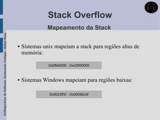 Stack Overflow
                                                                            Mapeamento da Stack
(In)Segurança de Software, Quebrando Códigos - Rafael Rosa




                                                                Sistemas unix mapeiam a stack para regiões altas de
                                                                 memória:

                                                                            0xbffeb000 - 0xc0000000


                                                                Sistemas Windows mapeiam para regiões baixas:

                                                                             0x0022ff1f - 0x00096cbf
 