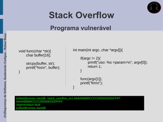 Stack Overflow
                                                                                   Programa vulnerável
(In)Segurança de Software, Quebrando Códigos - Rafael Rosa




                                                              void func(char *str){               int main(int argc, char *argv[]){
                                                                   char buffer[16];
                                                                                                      if(argc != 2){
                                                                   strcpy(buffer, str);                     printf("uso: %s <param>n", argv[0]);
                                                                   printf("%sn", buffer);                  return 1;
                                                              }                                       }

                                                                                                      func(argv[1]);
                                                                                                      printf("fimn");
                                                                                                  }

                                                             [rafael@centos stack]$ ./stack_overflow_ex1 AAAABBBBCCCCDDDDEEEEFFFF
                                                             AAAABBBBCCCCDDDDEEEEFFFF
                                                             Segmentation fault
                                                             [rafael@centos stack]$
 