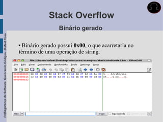 Stack Overflow
                                                                              Binário gerado
(In)Segurança de Software, Quebrando Códigos - Rafael Rosa




                                                              Binário gerado possui 0x00, o que acarretaria no
                                                             término de uma operação de string.
 