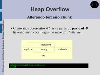 Heap Overflow
                                                                                 Alterando terceiro chunk
(In)Segurança de Software, Quebrando Códigos - Rafael Rosa




                                                                 Como são sobrescritos 4 bytes a partir de payload+8
                                                                  haverão instruções ilegais no meio do shellcode.


                                                                                                 payload+8

                                                                             jmp 0xa            dummy        shellcode

                                                                                                  0xa



                                                             [rafael@centos heap]$ ./heap_overflow_ex1
                                                             sh-3.2$
 