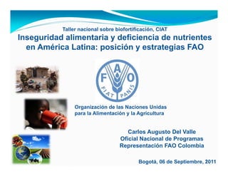 Taller nacional sobre biofortificación, CIAT
Inseguridad alimentaria y deficiencia de nutrientes
  en América Latina: posición y estrategias FAO




                Organización de las Naciones Unidas
                para la Alimentación y la Agricultura


                                     Carlos Augusto Del Valle
                                  Oficial Nacional de Programas
                                  Representación FAO Colombia

                                                                    1
                                          Bogotá, 06 de Septiembre, 2011
 