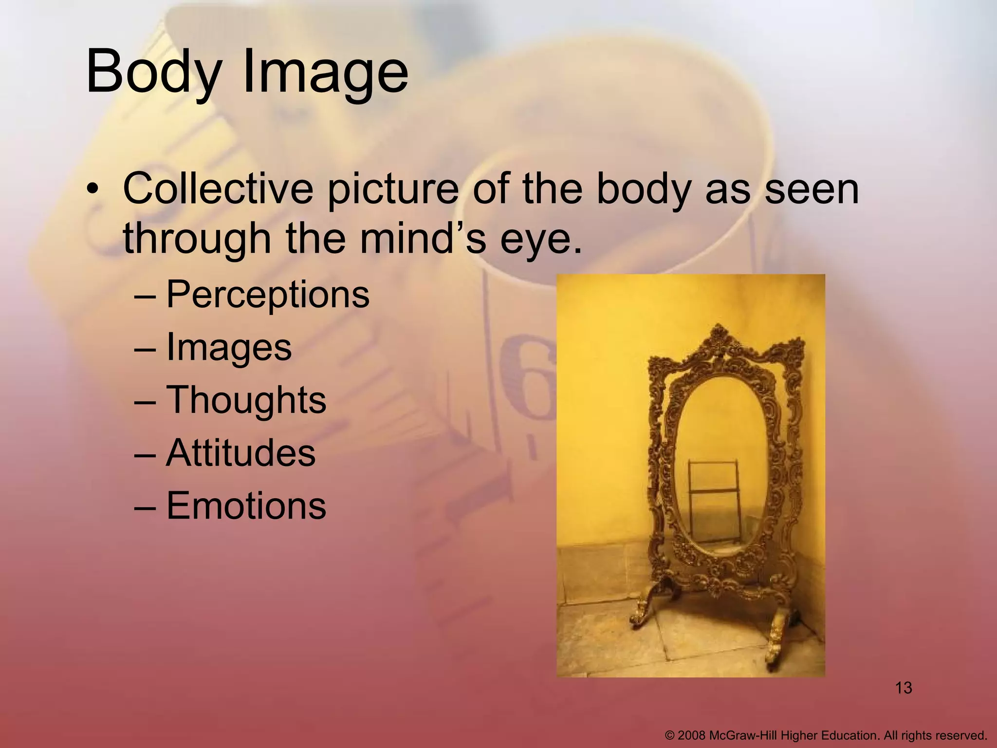 Body Image Collective picture of the body as seen through the mind’s eye. Perceptions Images Thoughts Attitudes Emotions 