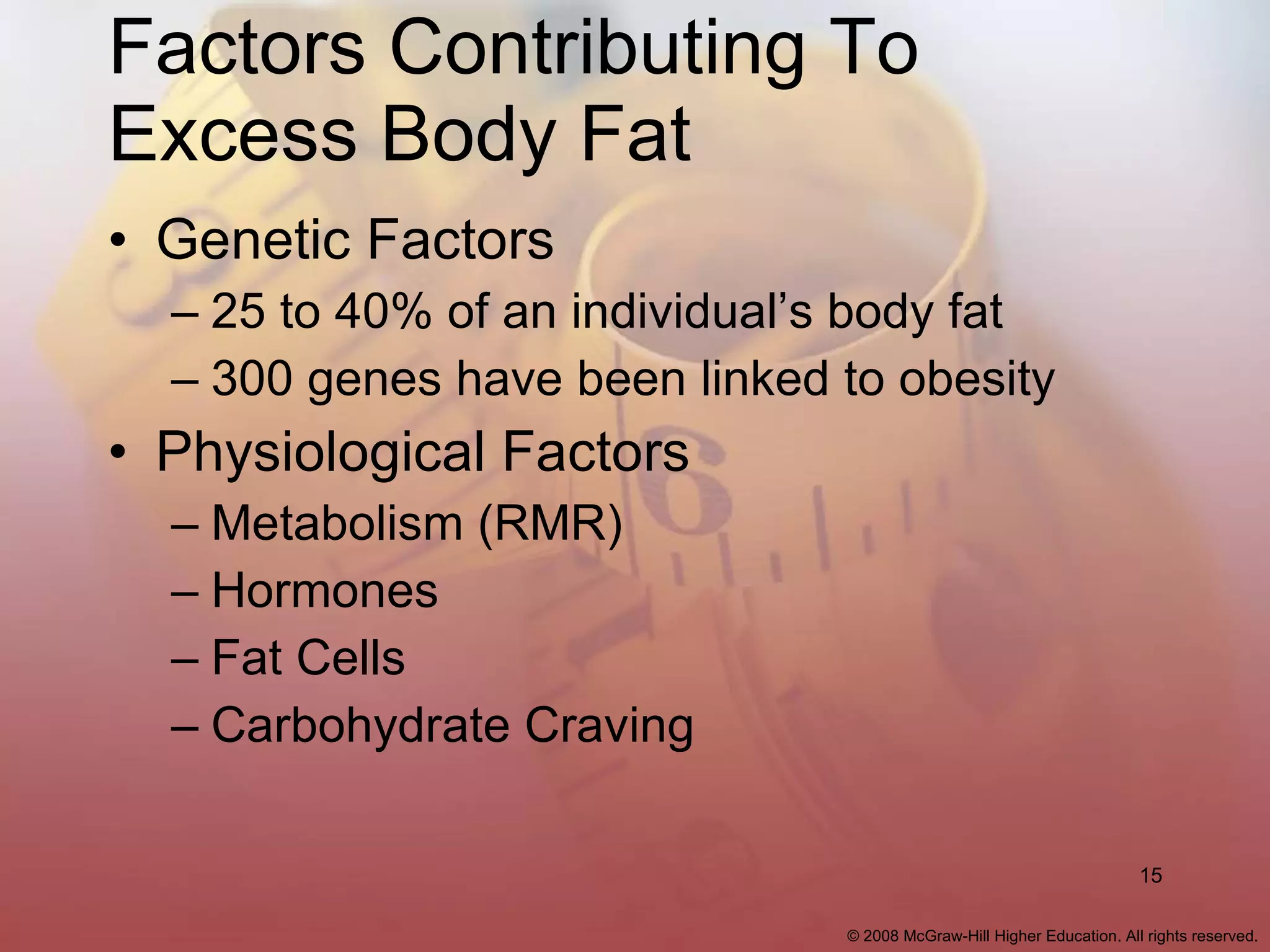 Factors Contributing To Excess Body Fat Genetic Factors 25 to 40% of an individual’s body fat 300 genes have been linked to obesity Physiological Factors Metabolism (RMR) Hormones Fat Cells Carbohydrate Craving 