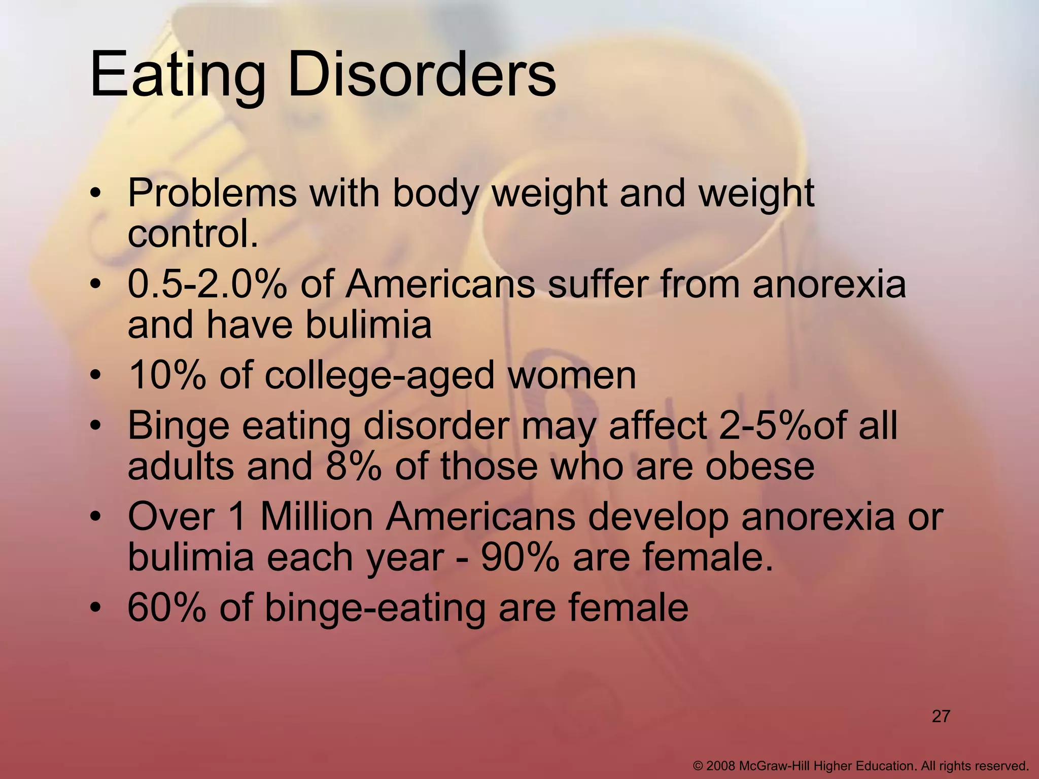 Eating Disorders Problems with body weight and weight control. 0.5-2.0% of Americans suffer from anorexia and have bulimia 10% of college-aged women Binge eating disorder may affect 2-5%of all adults and 8% of those who are obese Over 1 Million Americans develop anorexia or bulimia each year - 90% are female. 60% of binge-eating are female 